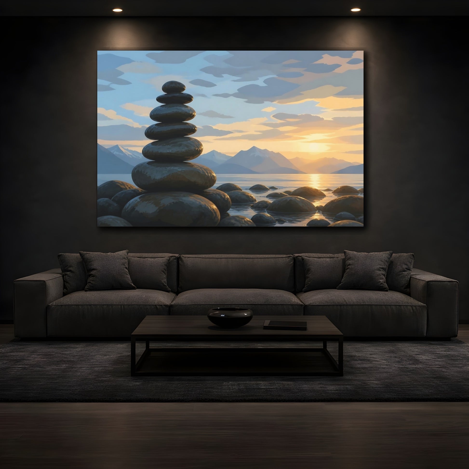 Mockup 3. Sunset Stone Cairn shown as canvas print