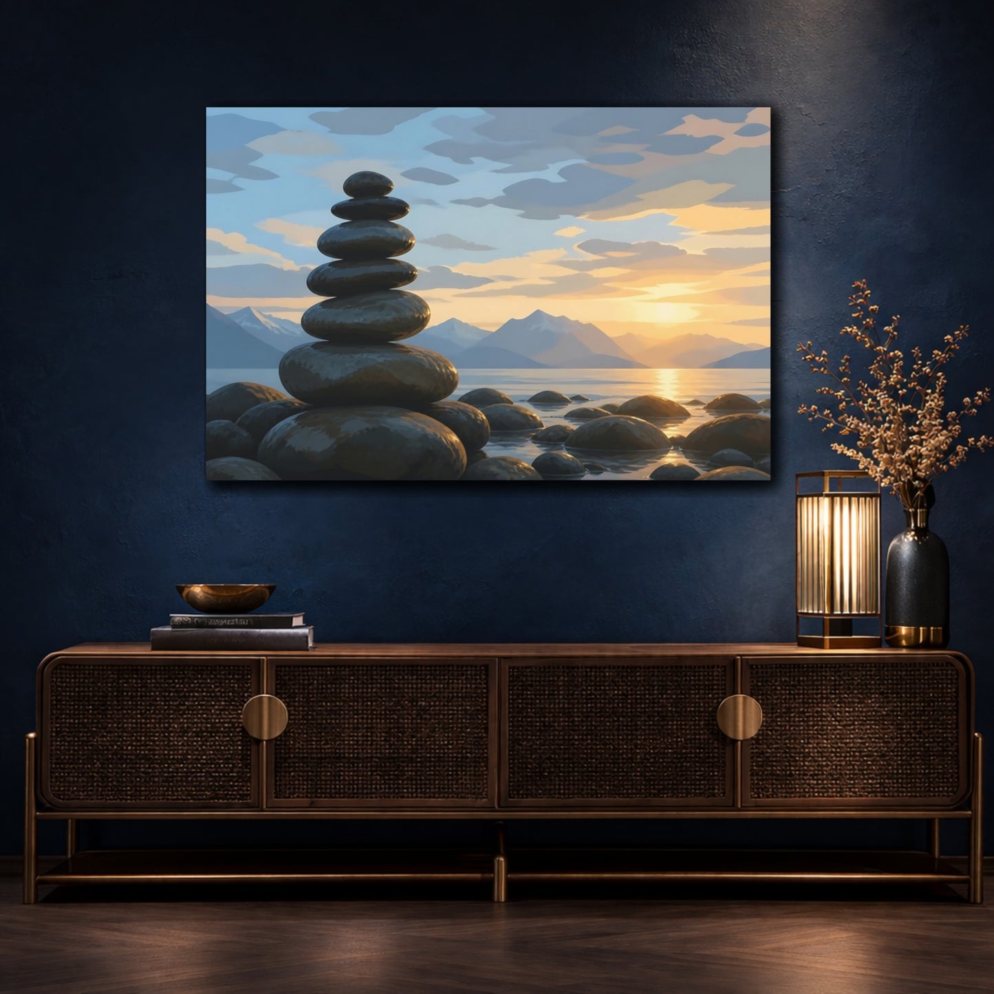 Mockup 4. Sunset Stone Cairn shown as canvas print