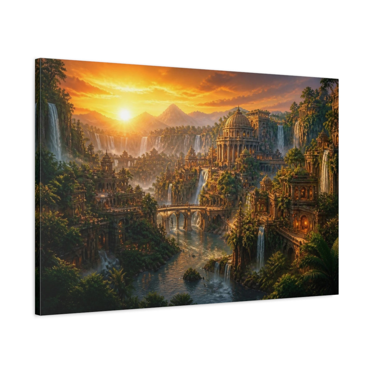 Main Mockup. Sunset Temple Landscape shown as canvas print