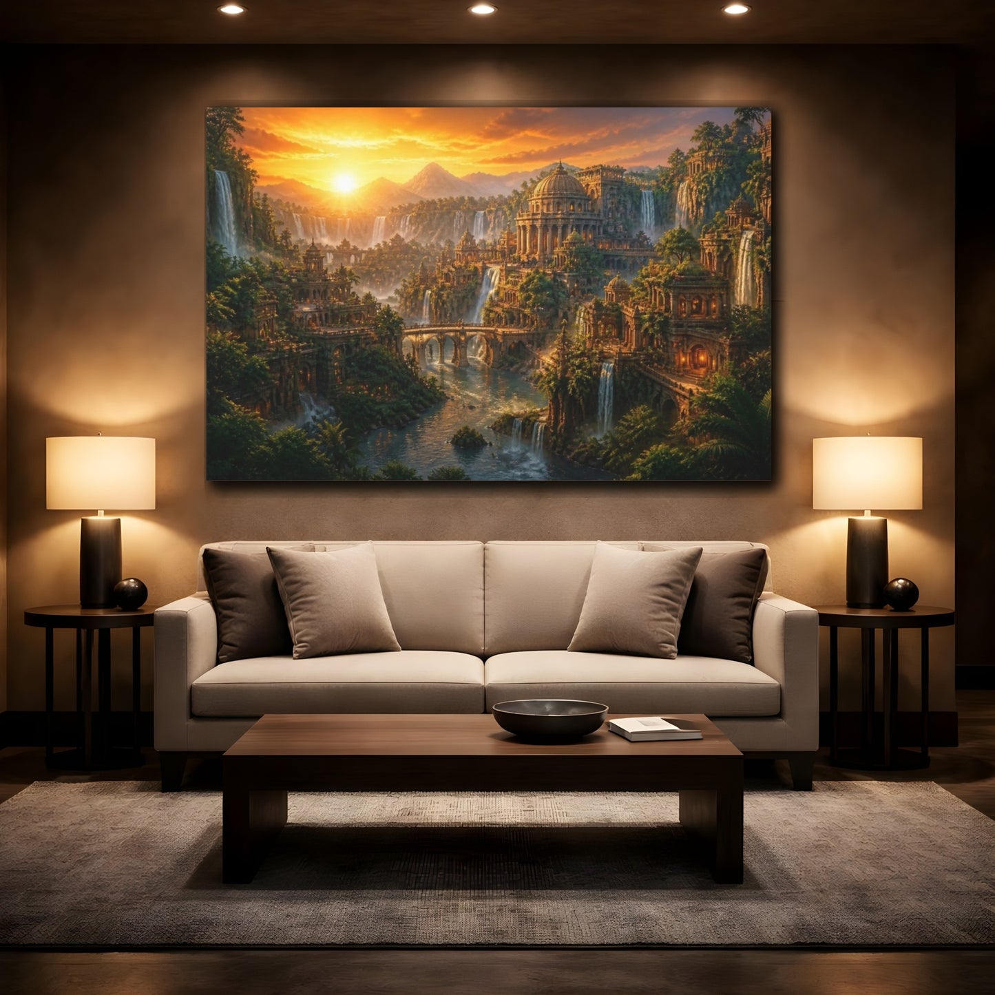 Mockup 2. Sunset Temple Landscape shown as canvas print