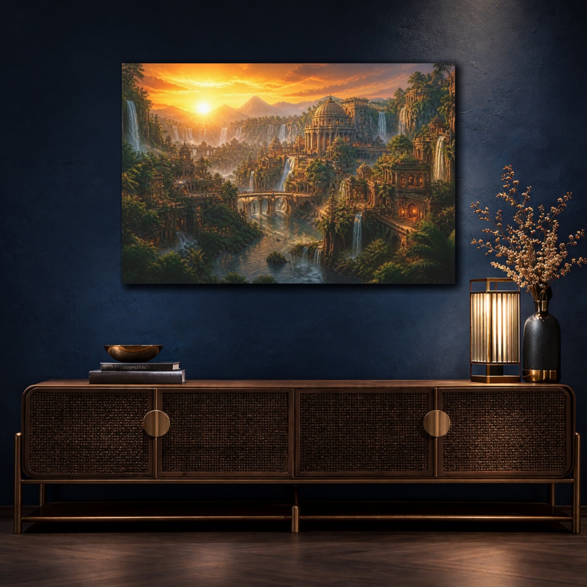 Mockup 4. Sunset Temple Landscape shown as canvas print