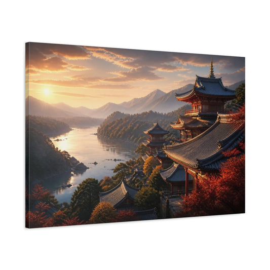 Main Mockup. Sunset Temple Over River shown as canvas print