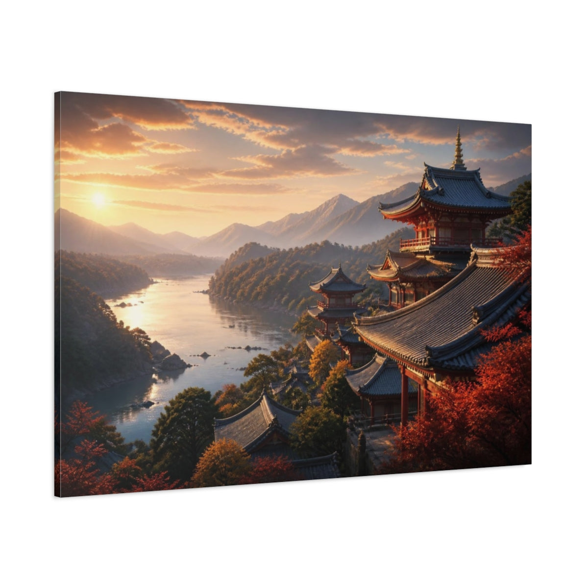 Side Mockup 1. Sunset Temple Over River shown as canvas print
