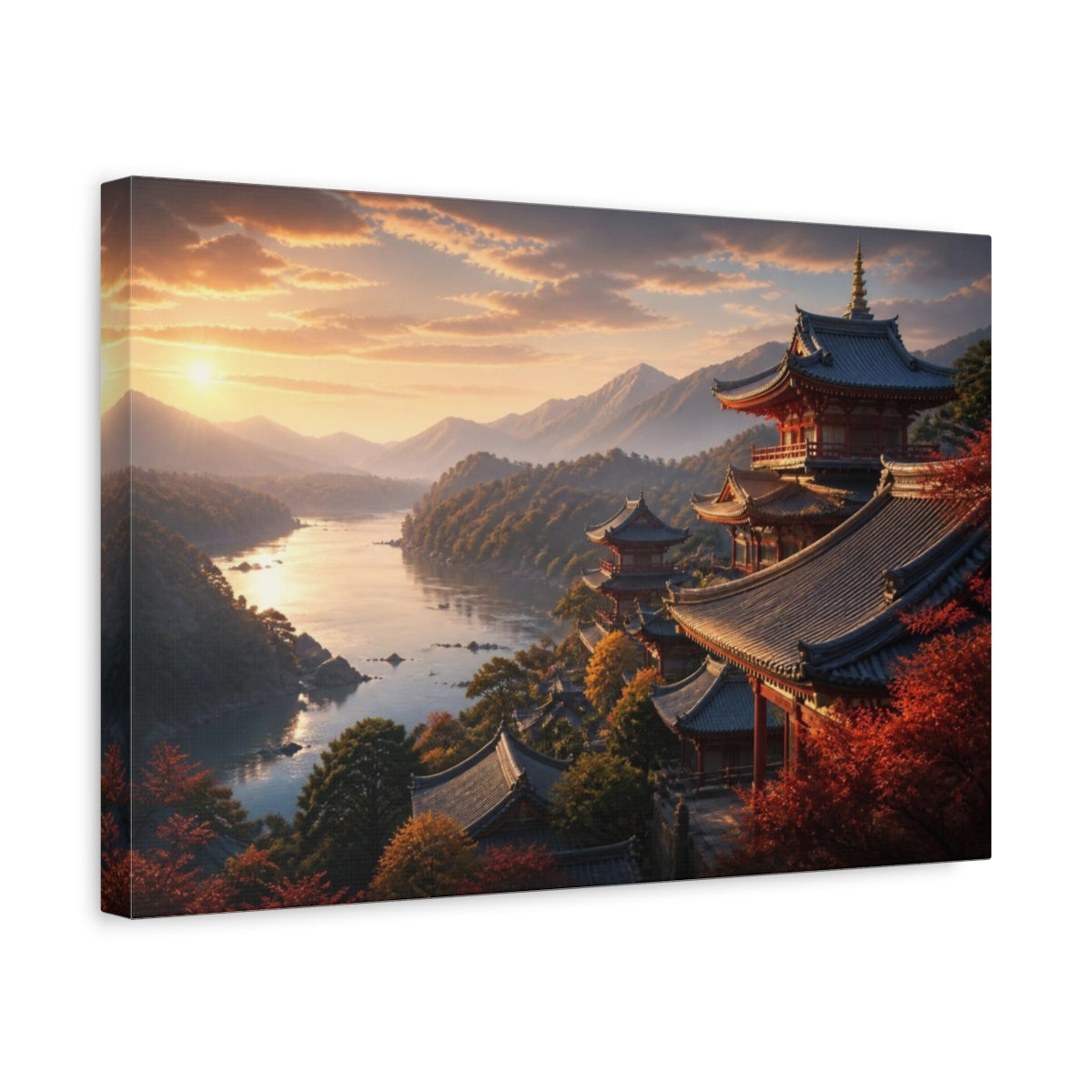 Side Mockup 4. Sunset Temple Over River shown as canvas print
