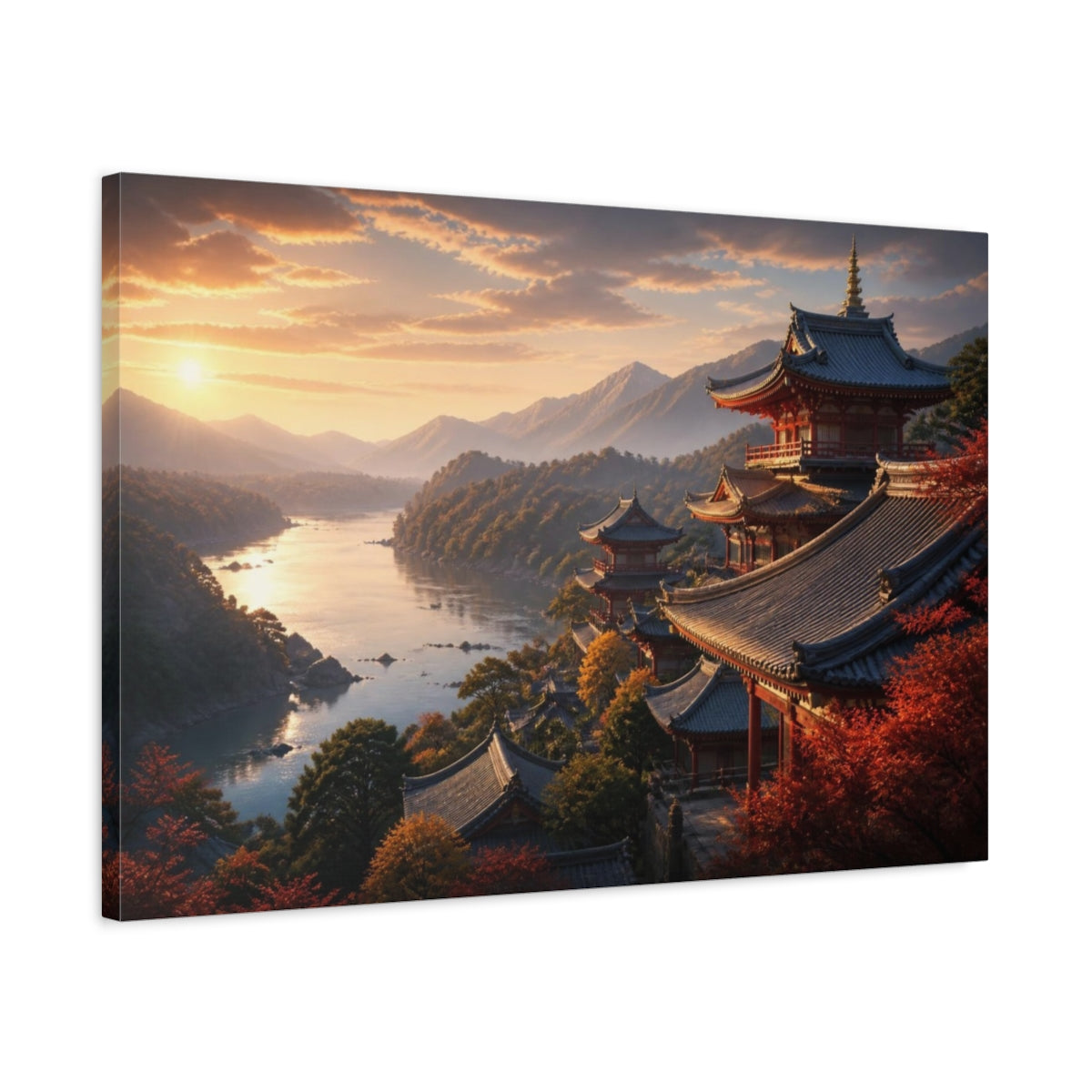 Side Mockup 2. Sunset Temple Over River shown as canvas print