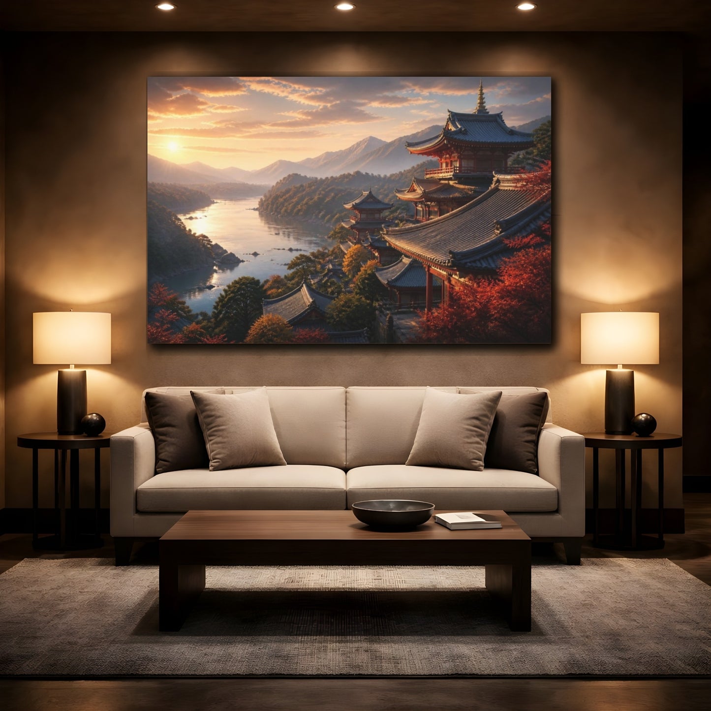 Mockup 2. Sunset Temple Over River shown as canvas print