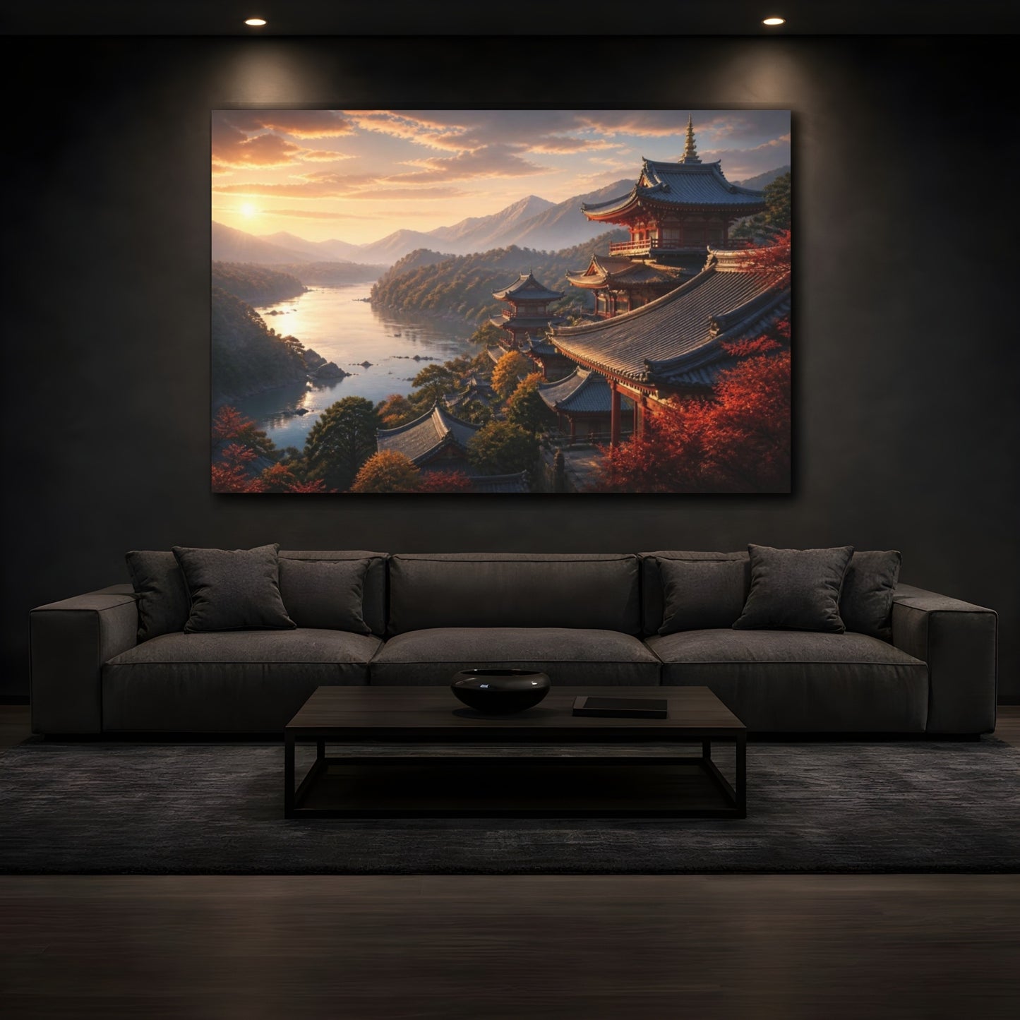 Mockup 3. Sunset Temple Over River shown as canvas print