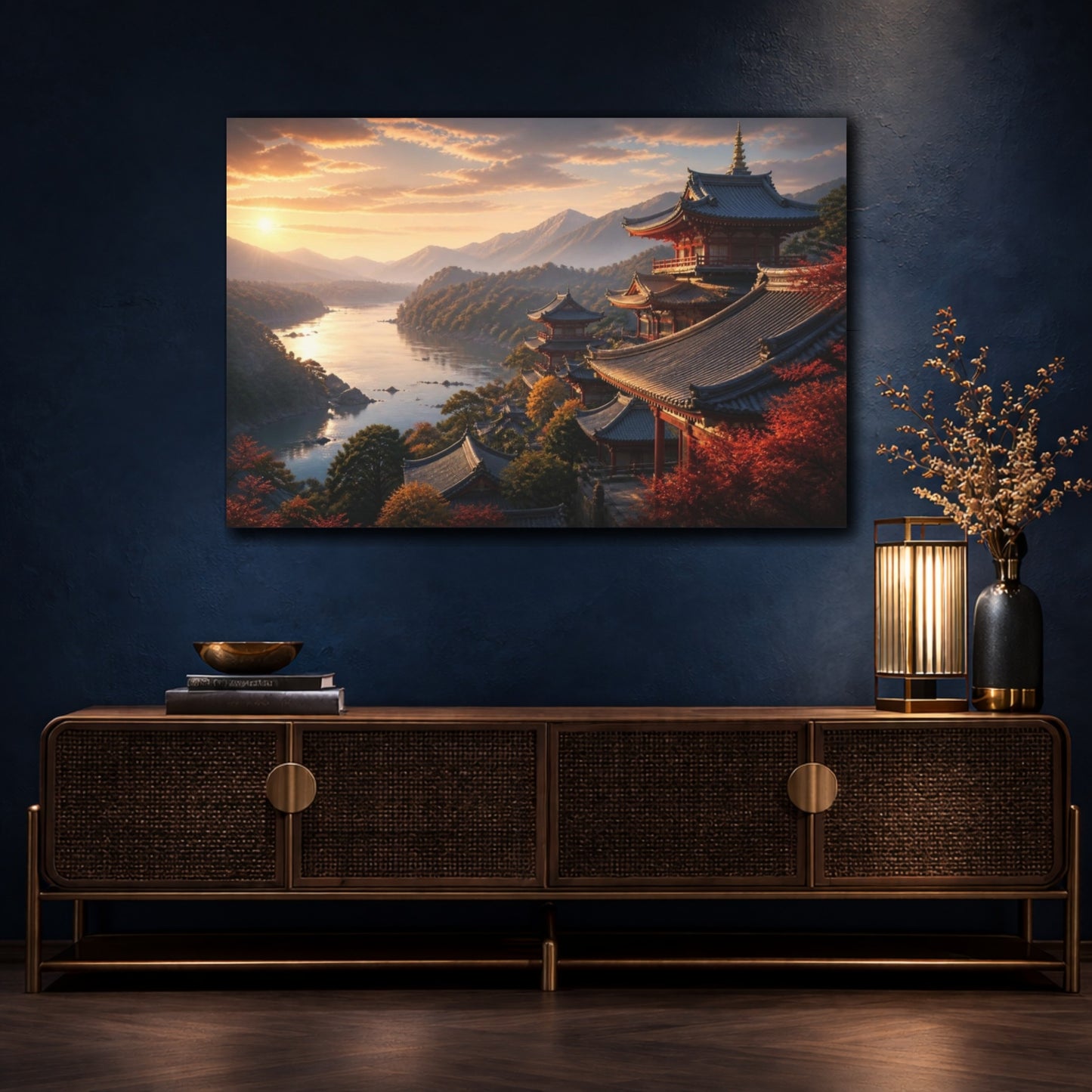 Mockup 4. Sunset Temple Over River shown as canvas print