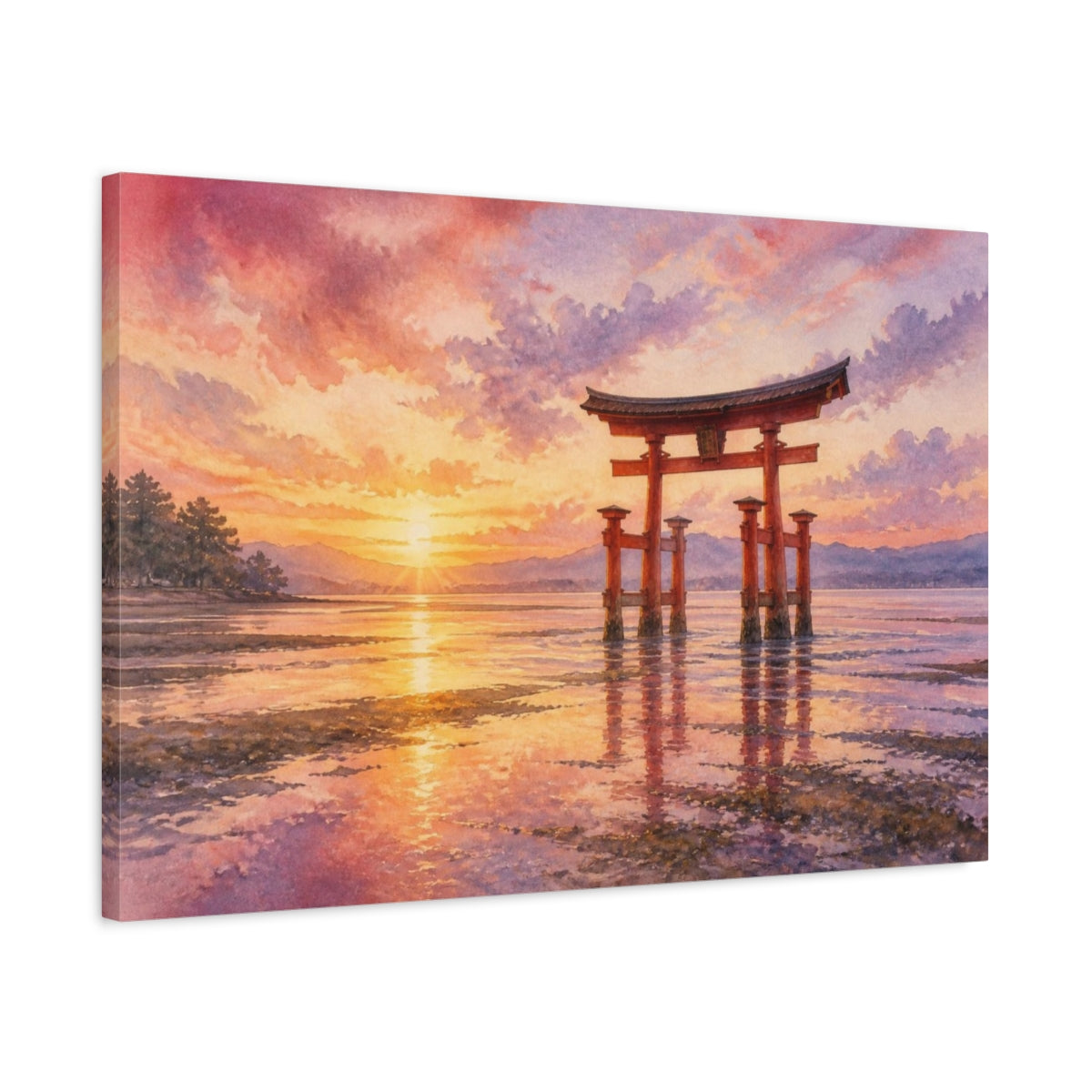 Side Mockup 2. Sunset Torii At Low Tide shown as canvas print