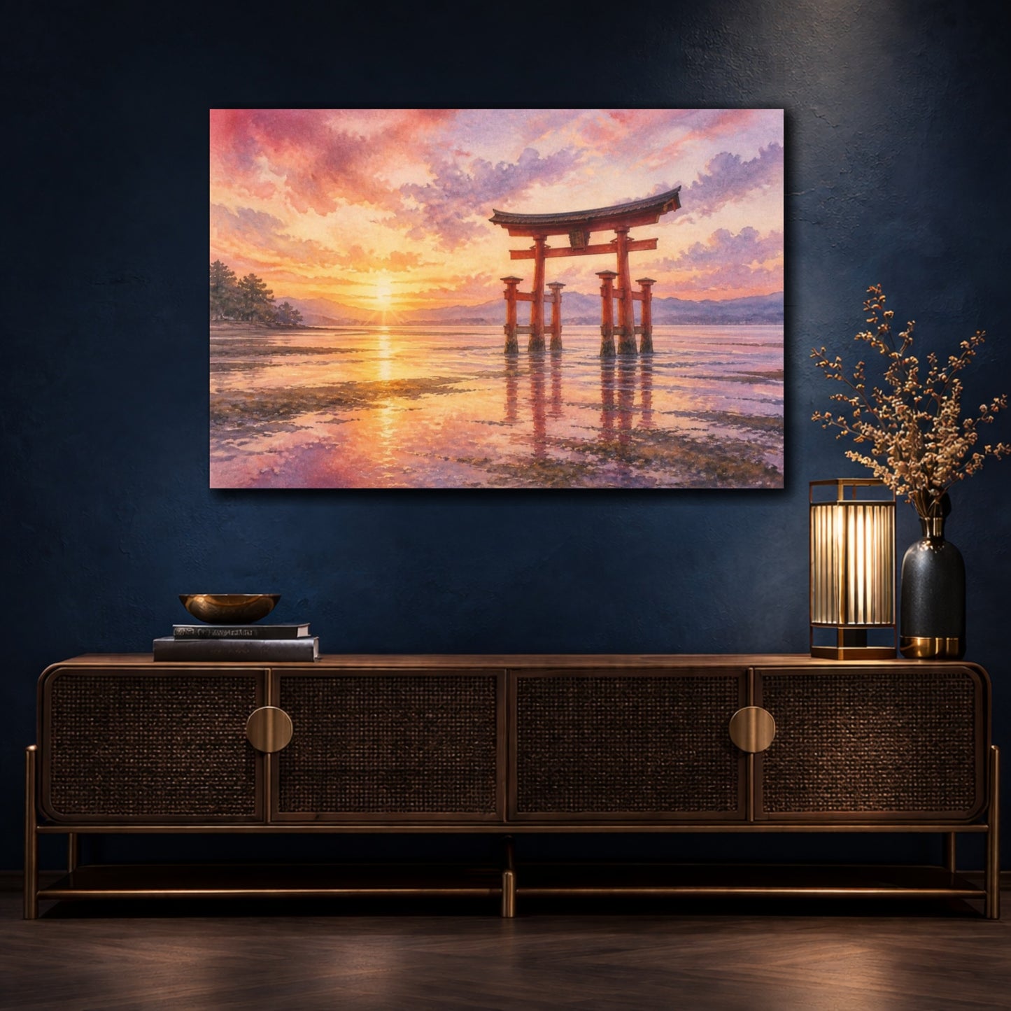 Mockup 4. Sunset Torii At Low Tide shown as canvas print