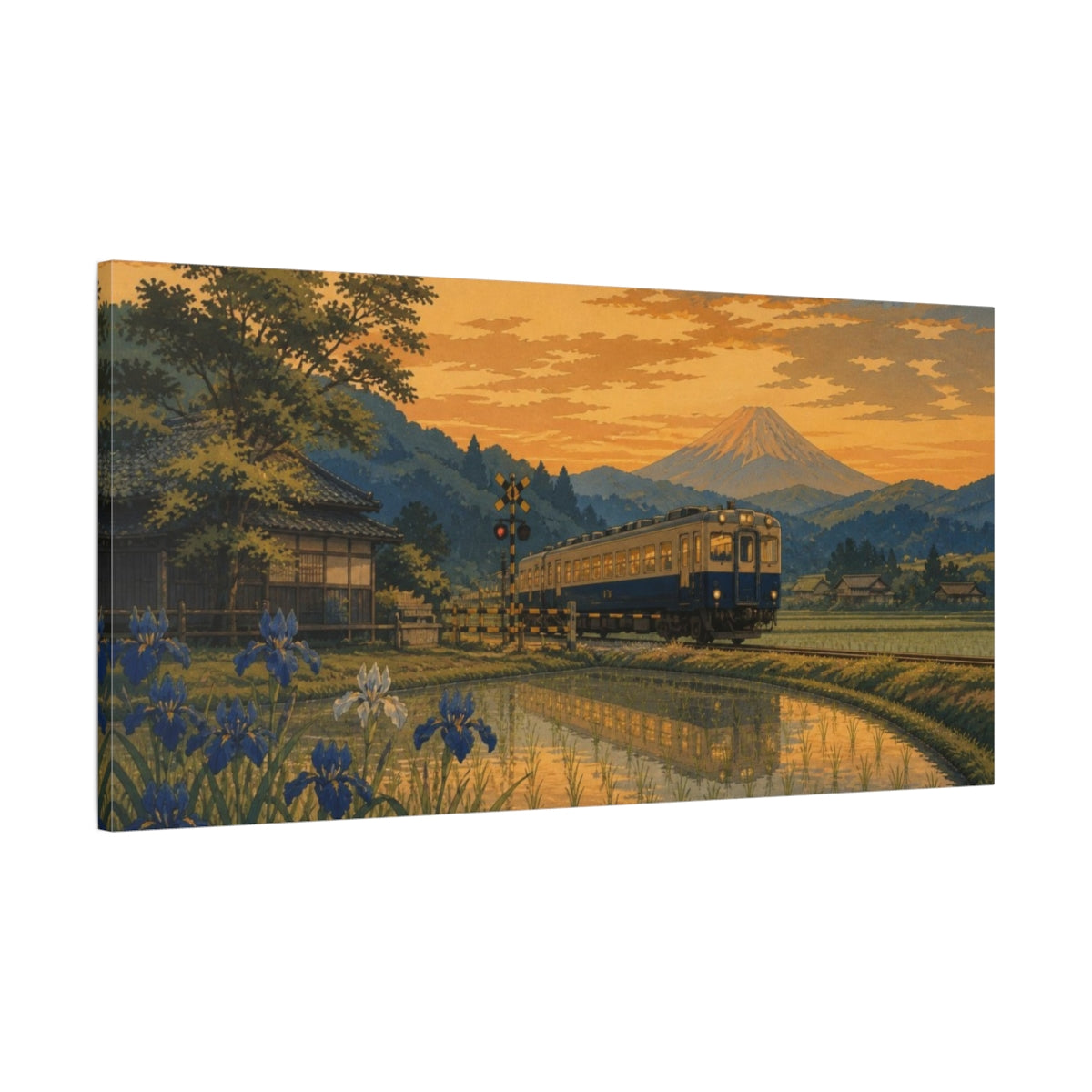 Main Mockup. Sunset Train Over Rice Fields shown as canvas print