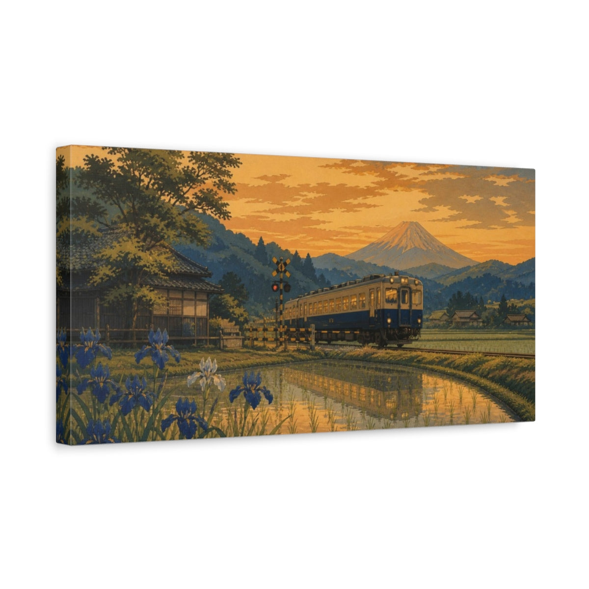 Side Mockup 3. Sunset Train Over Rice Fields shown as canvas print