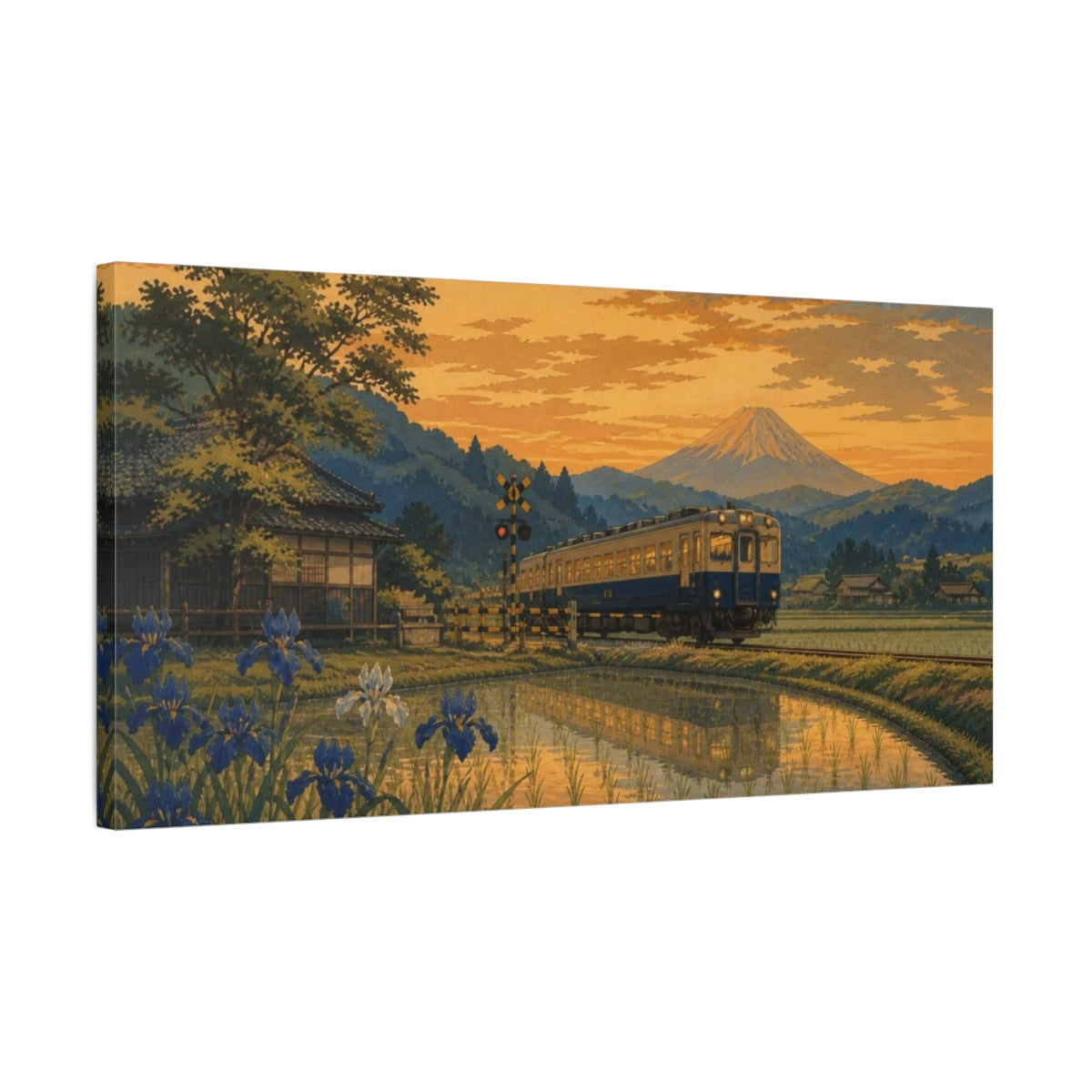 Side Mockup 1. Sunset Train Over Rice Fields shown as canvas print