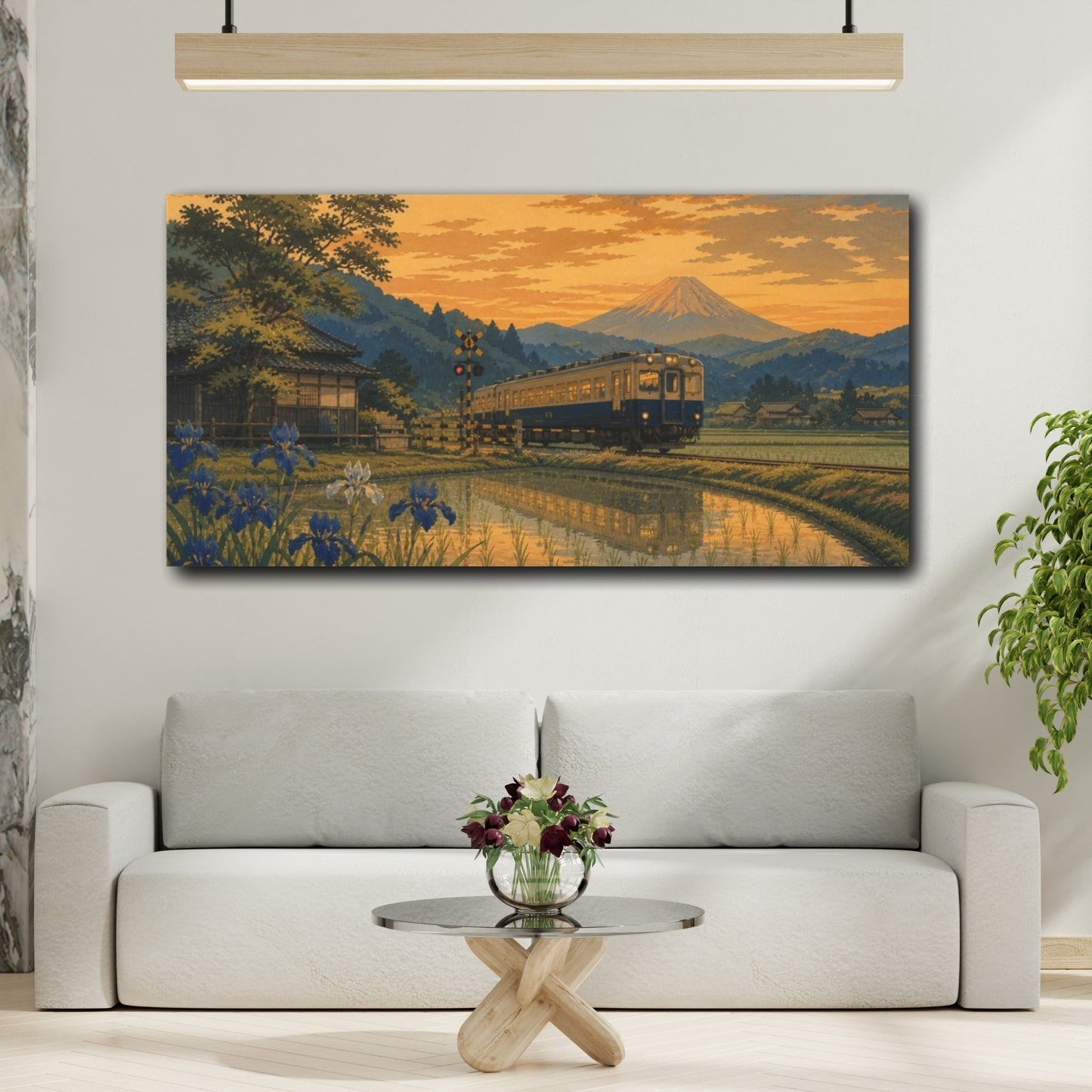 Mockup 2. Sunset Train Over Rice Fields shown as canvas print