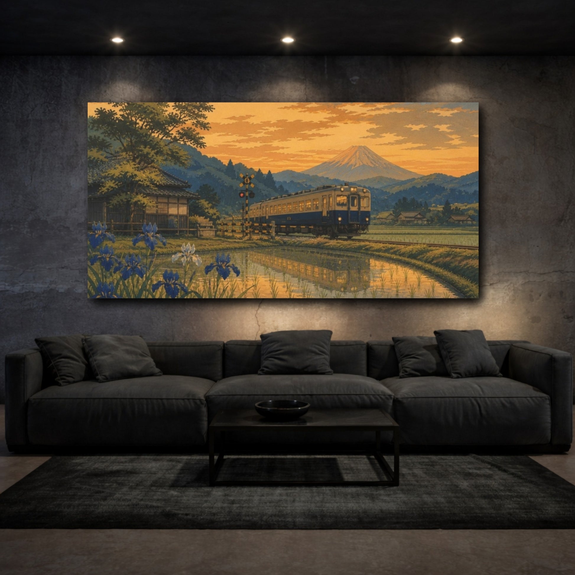 Mockup 3. Sunset Train Over Rice Fields shown as canvas print