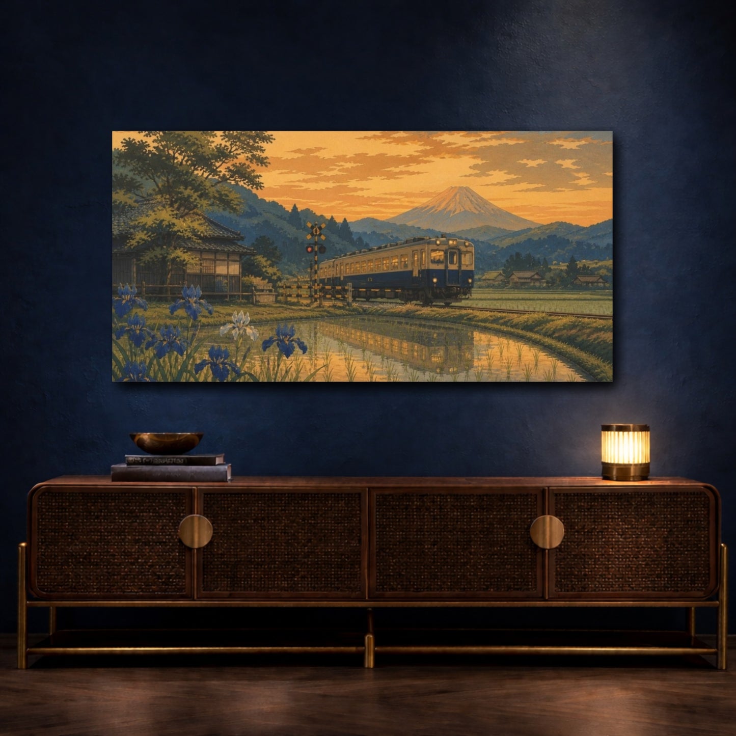 Mockup 4. Sunset Train Over Rice Fields shown as canvas print