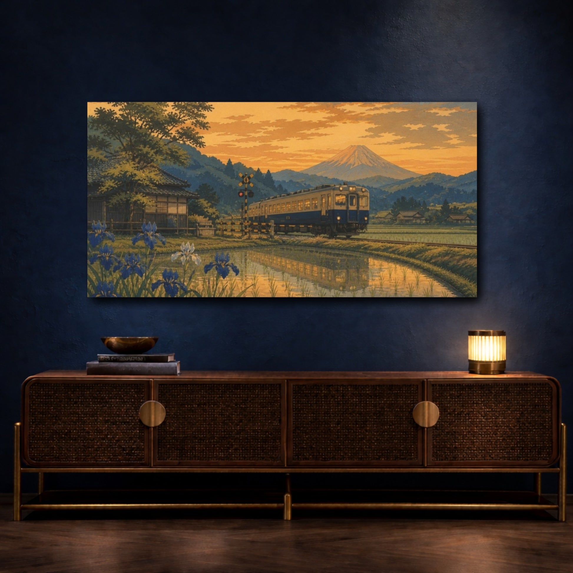 Mockup 4. Sunset Train Over Rice Fields shown as canvas print