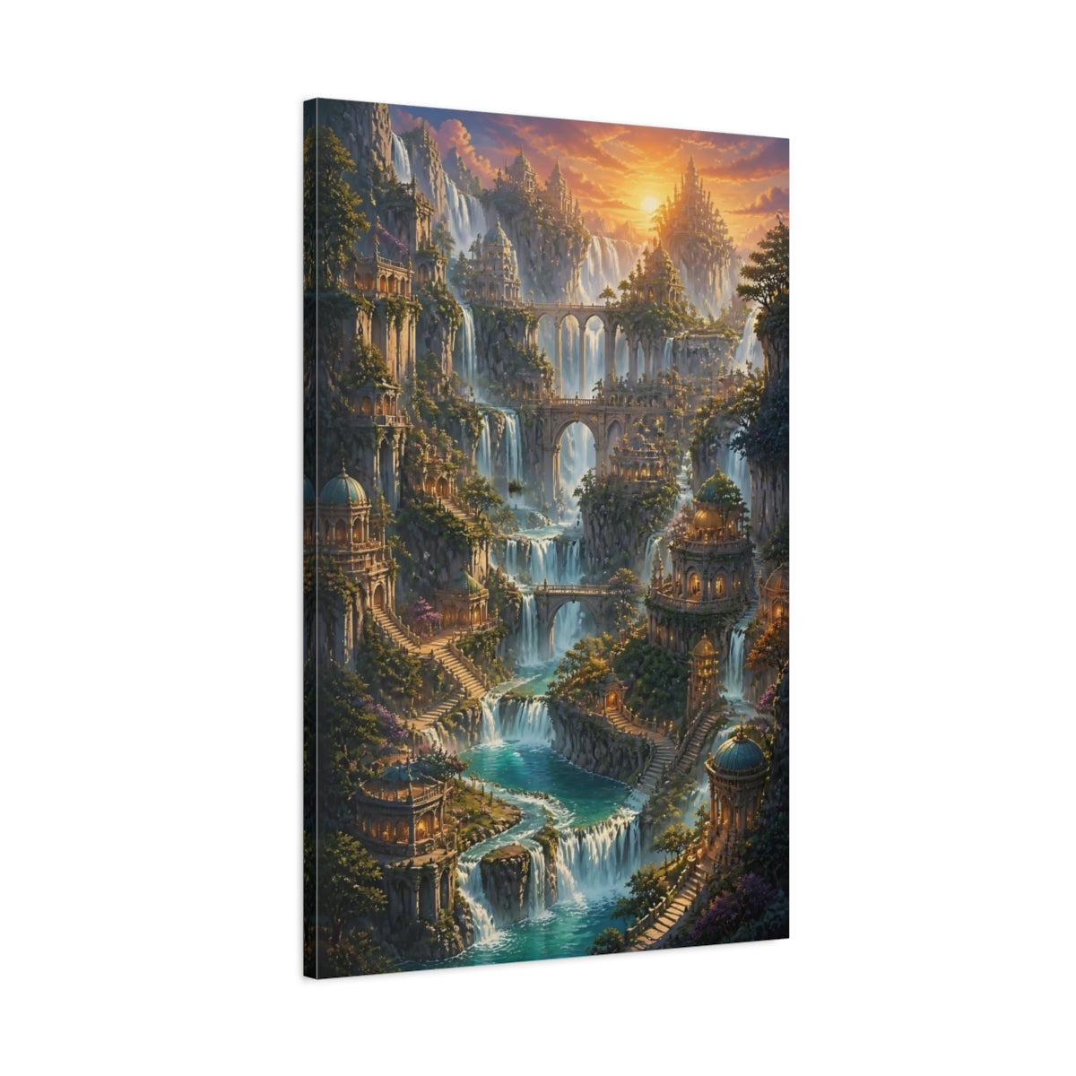 Main Mockup. Sunset Waterfall City shown as canvas print