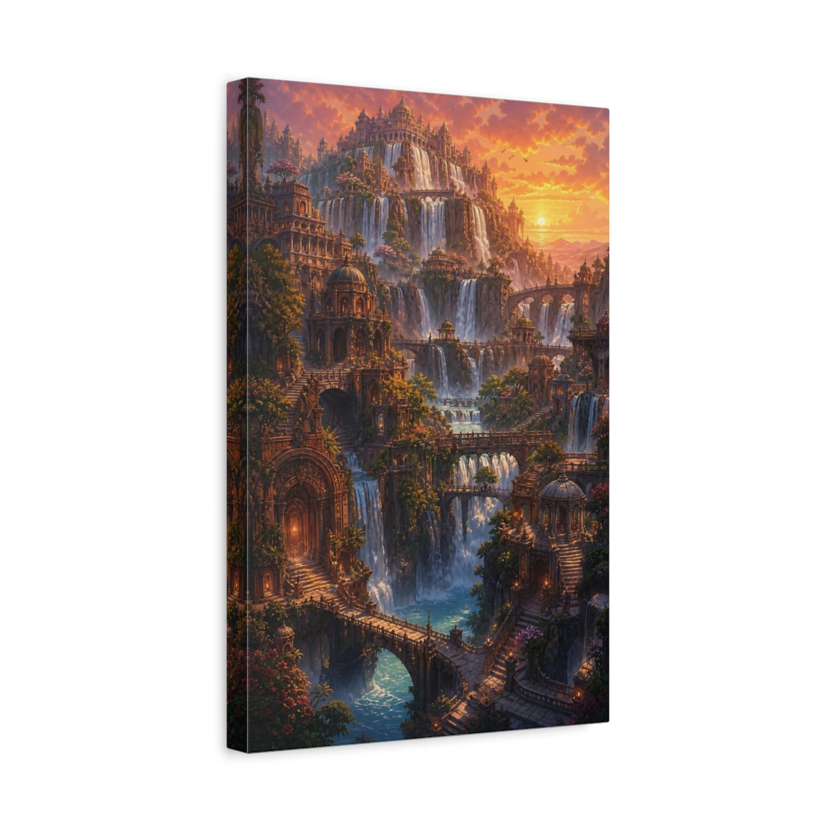 Side Mockup 4. Sunset Waterfall City shown as canvas print