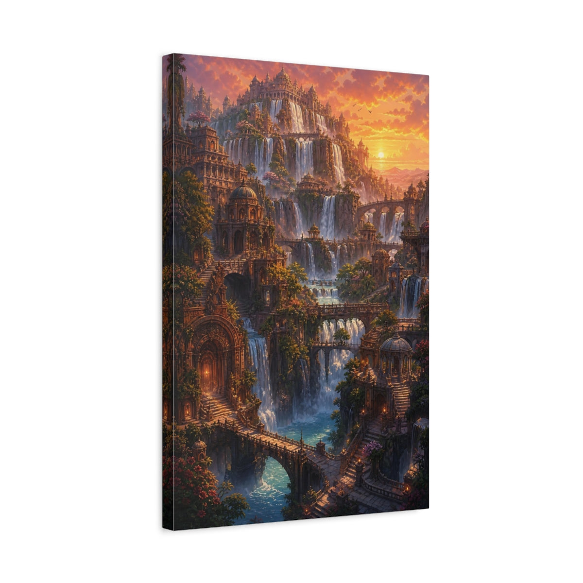 Side Mockup 3. Sunset Waterfall City shown as canvas print