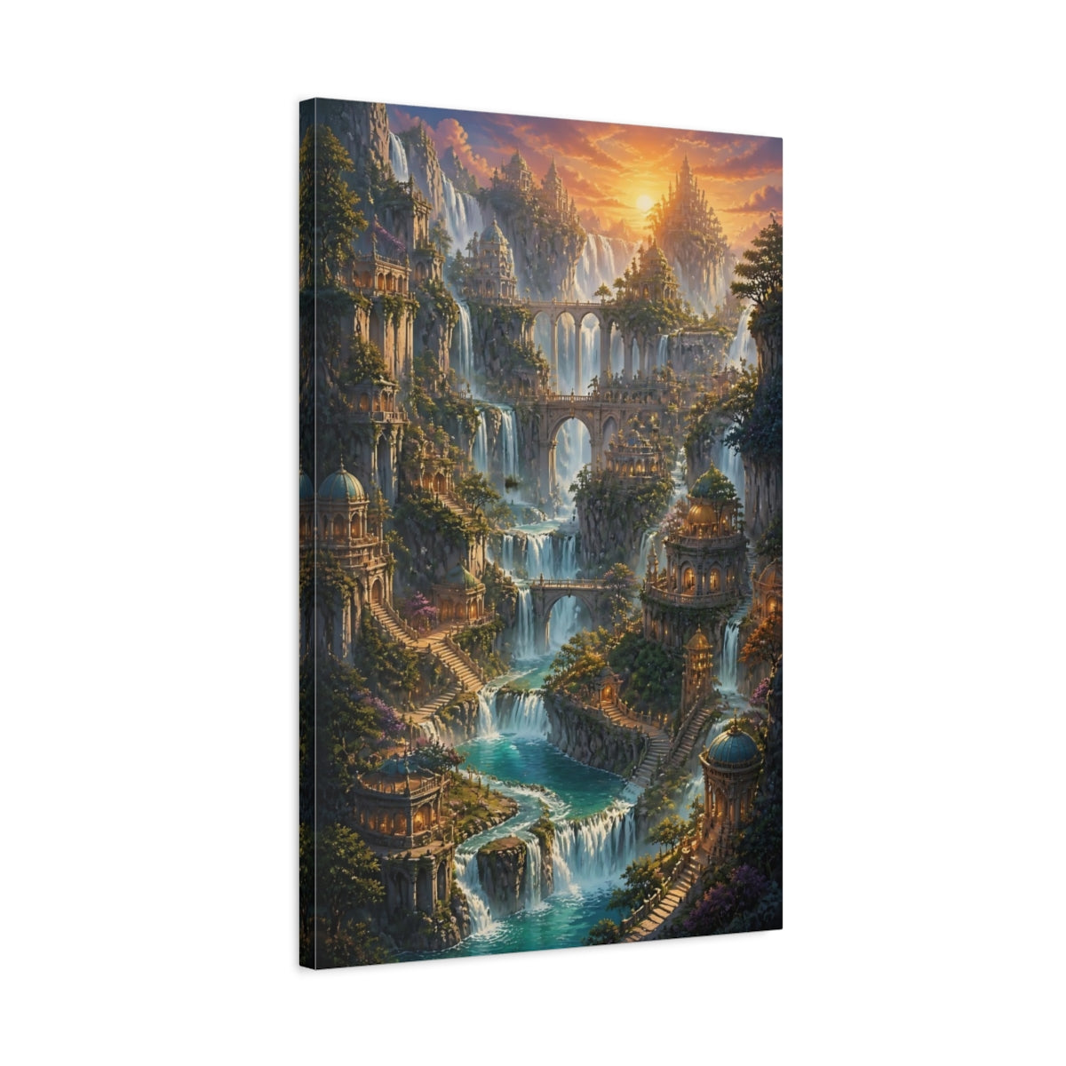 Side Mockup 2. Sunset Waterfall City shown as canvas print