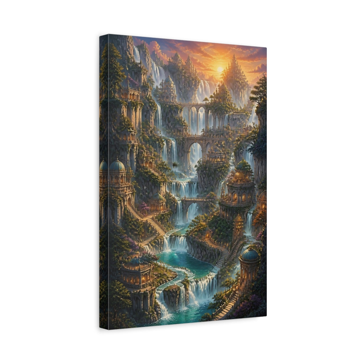 Side Mockup 4. Sunset Waterfall City shown as canvas print