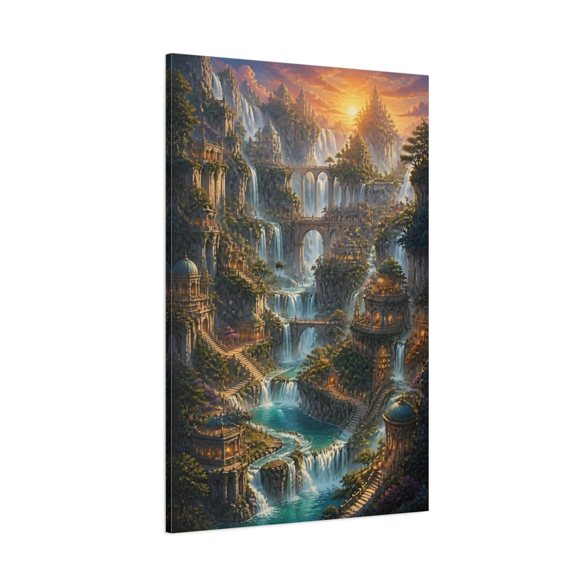 Side Mockup 1. Sunset Waterfall City shown as canvas print