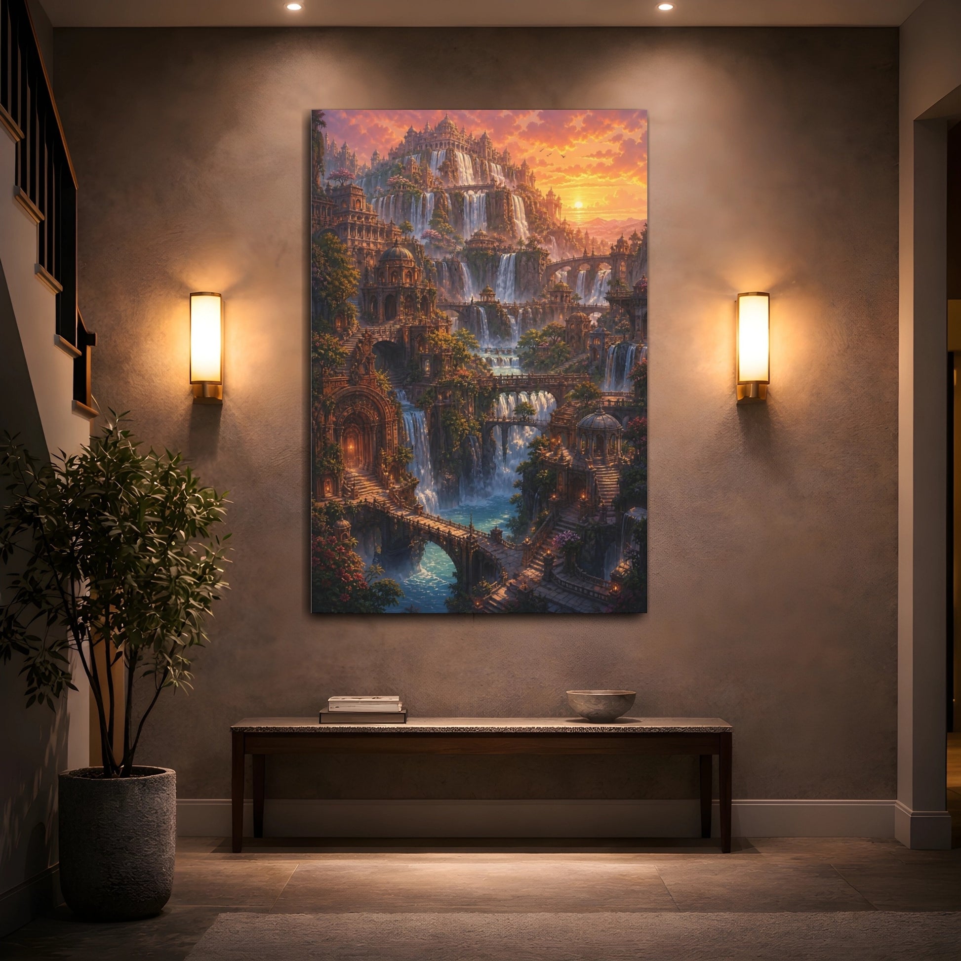 Mockup 2. Sunset Waterfall City shown as canvas print