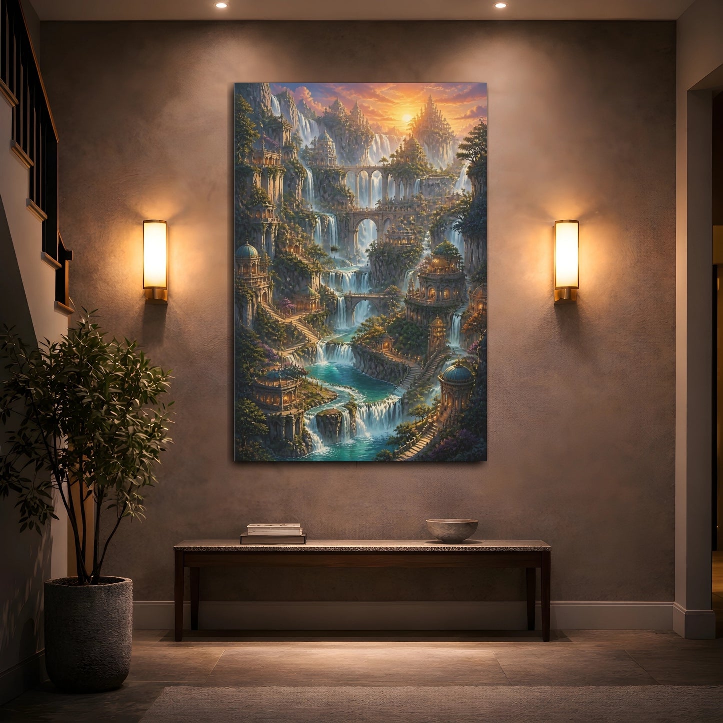Mockup 2. Sunset Waterfall City shown as canvas print