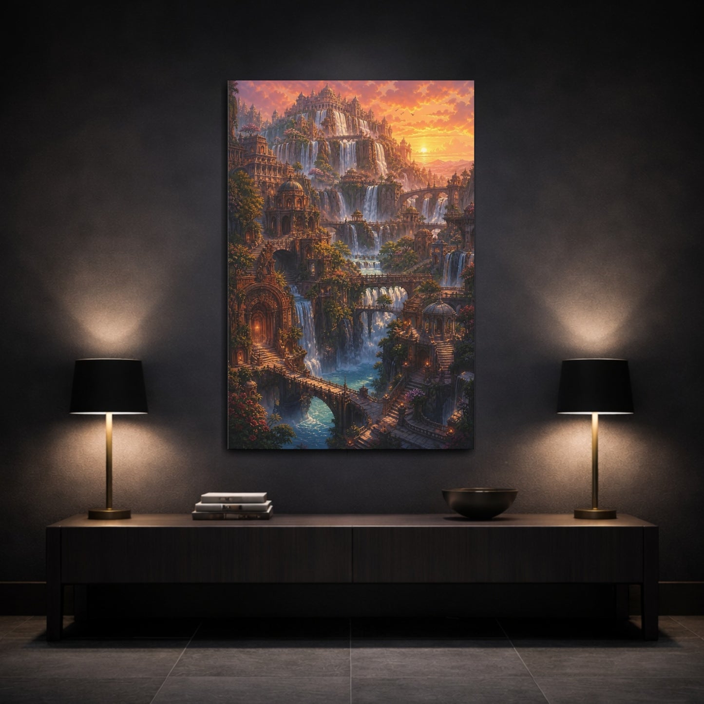 Mockup 3. Sunset Waterfall City shown as canvas print