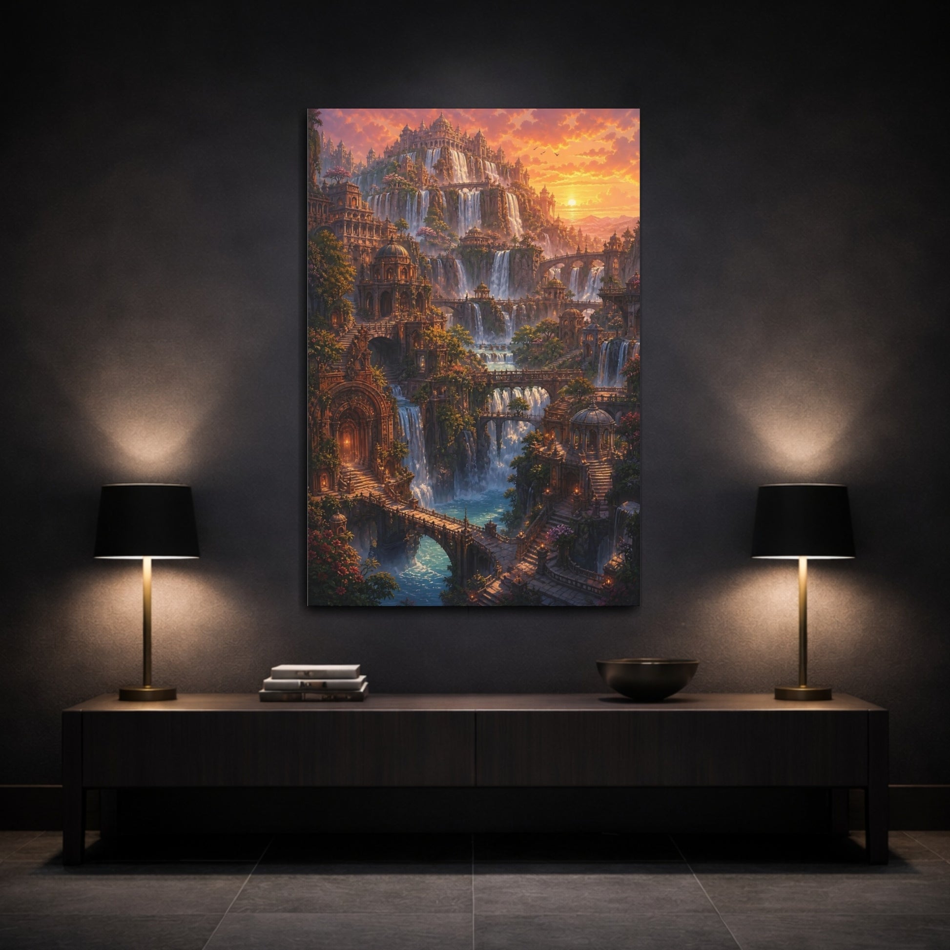 Mockup 3. Sunset Waterfall City shown as canvas print