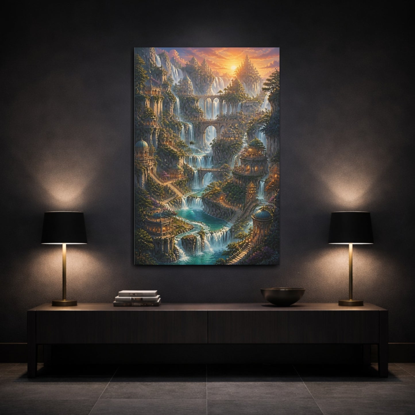 Mockup 3. Sunset Waterfall City shown as canvas print