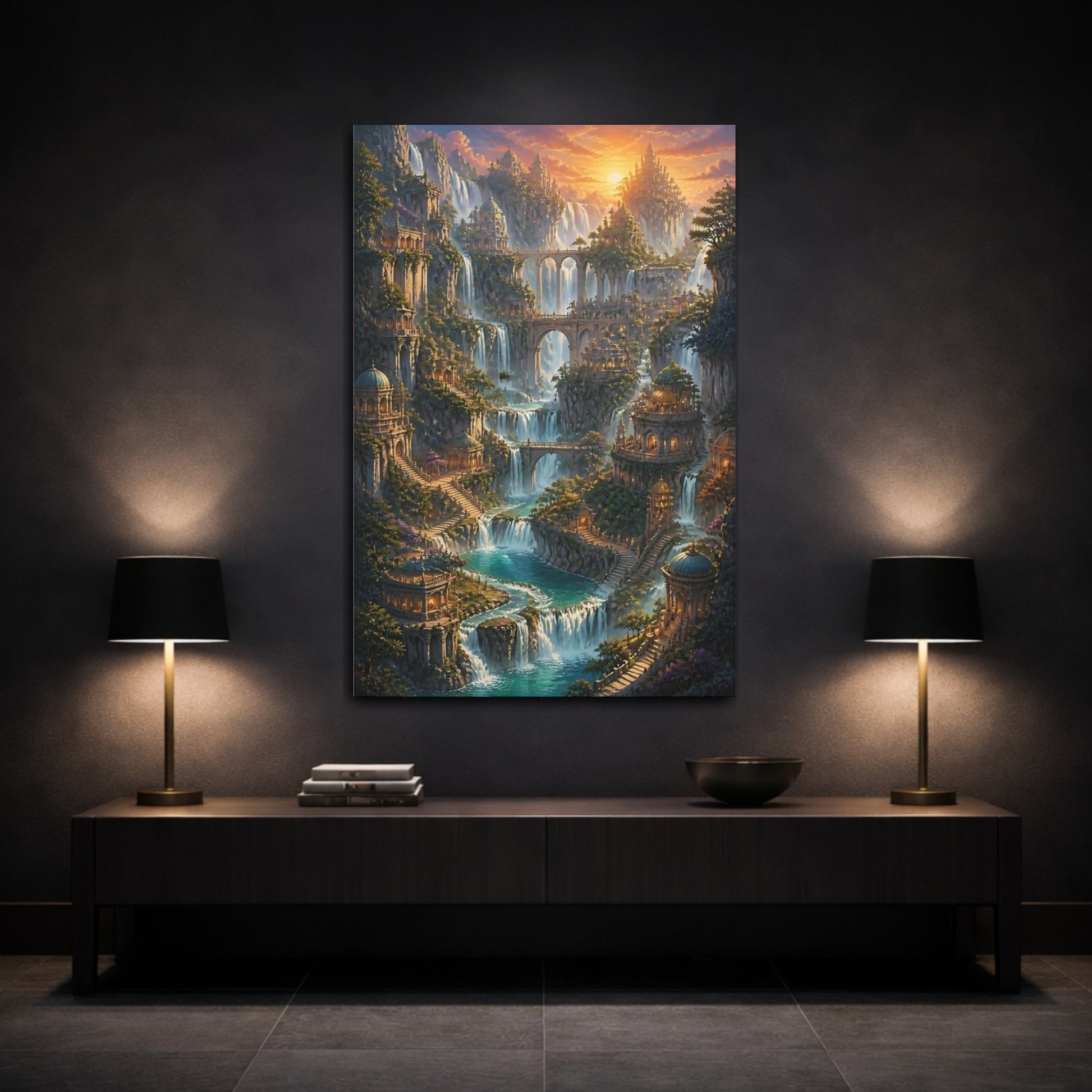 Mockup 3. Sunset Waterfall City shown as canvas print