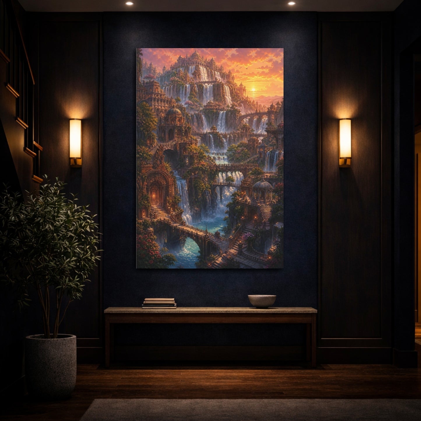 Mockup 4. Sunset Waterfall City shown as canvas print