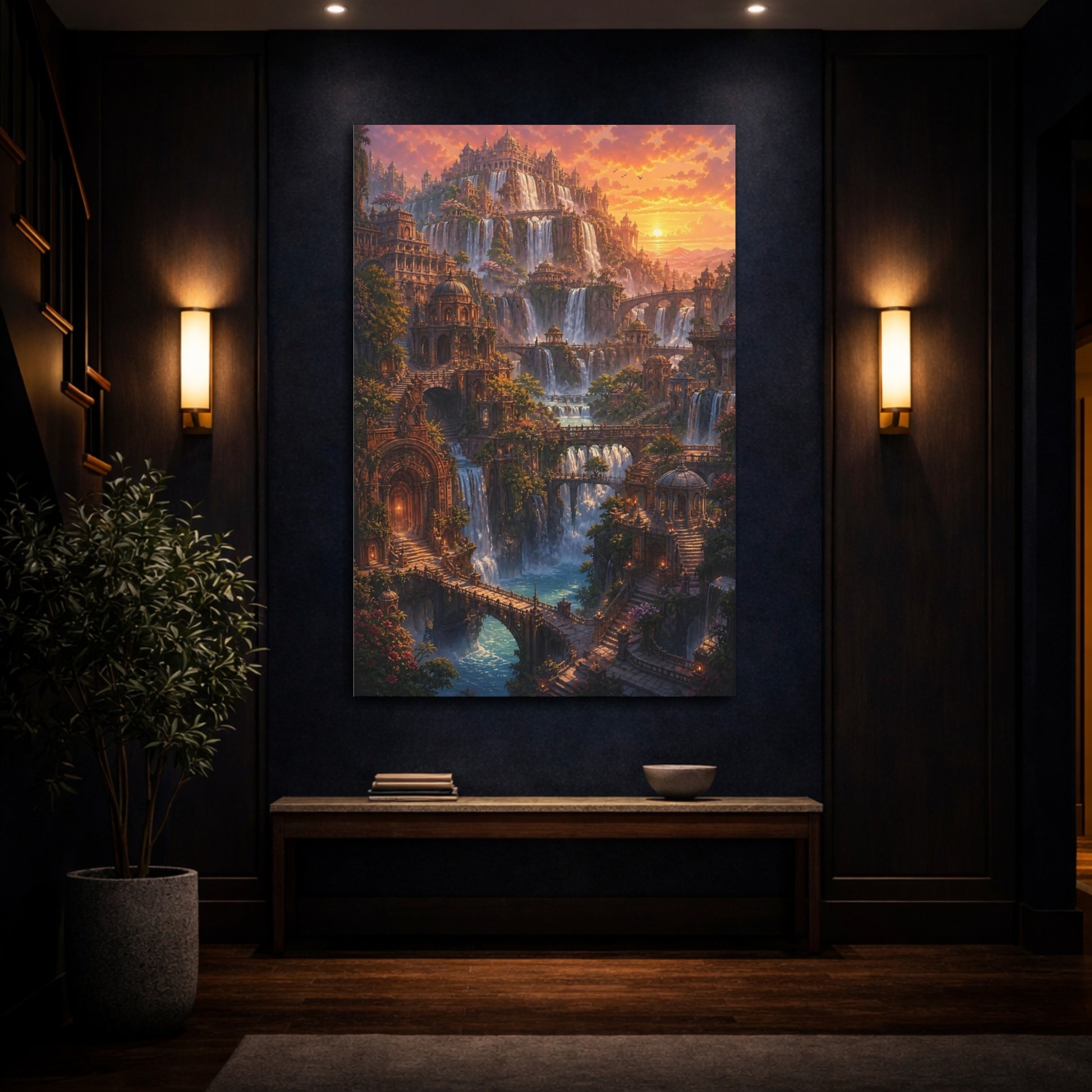 Mockup 4. Sunset Waterfall City shown as canvas print
