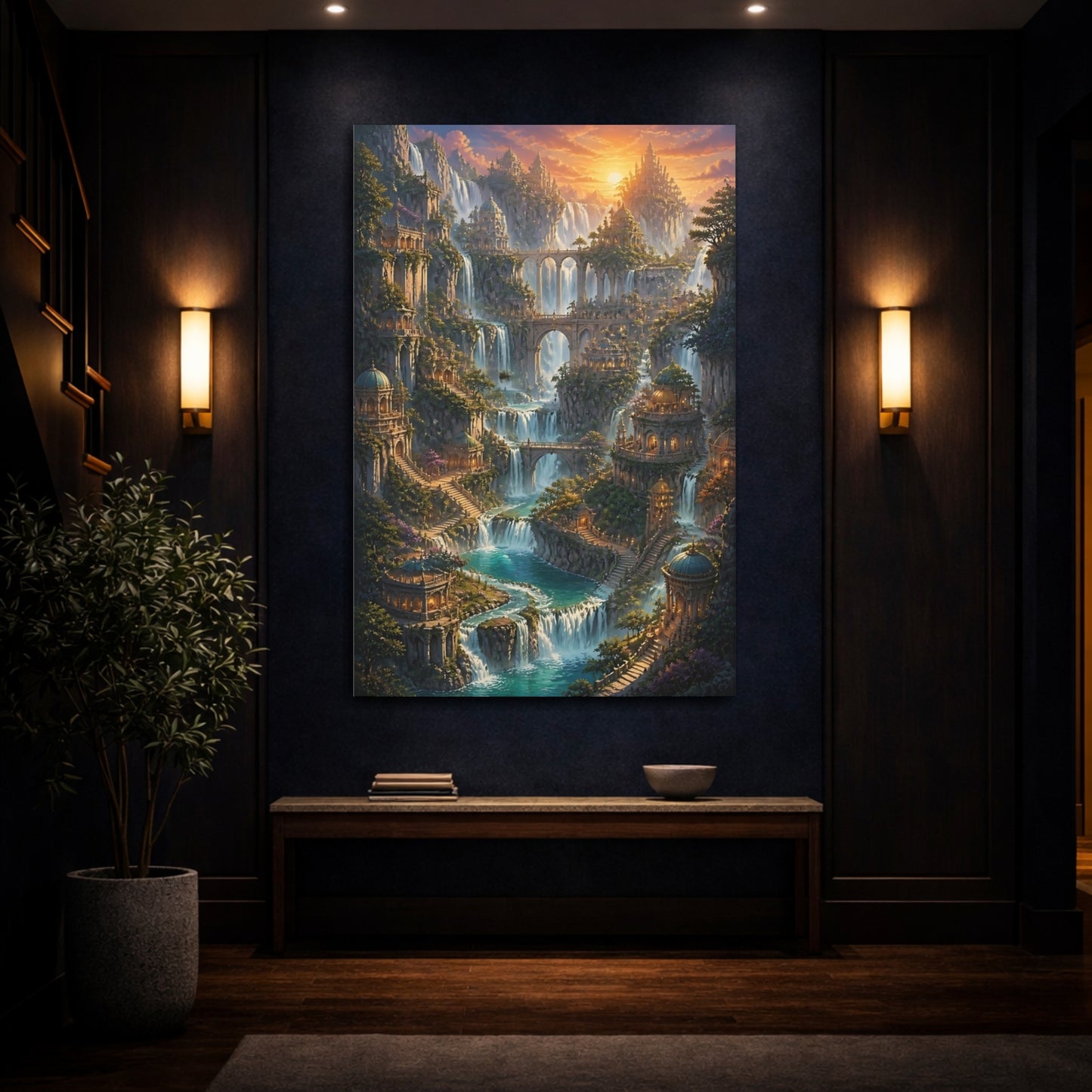 Mockup 4. Sunset Waterfall City shown as canvas print
