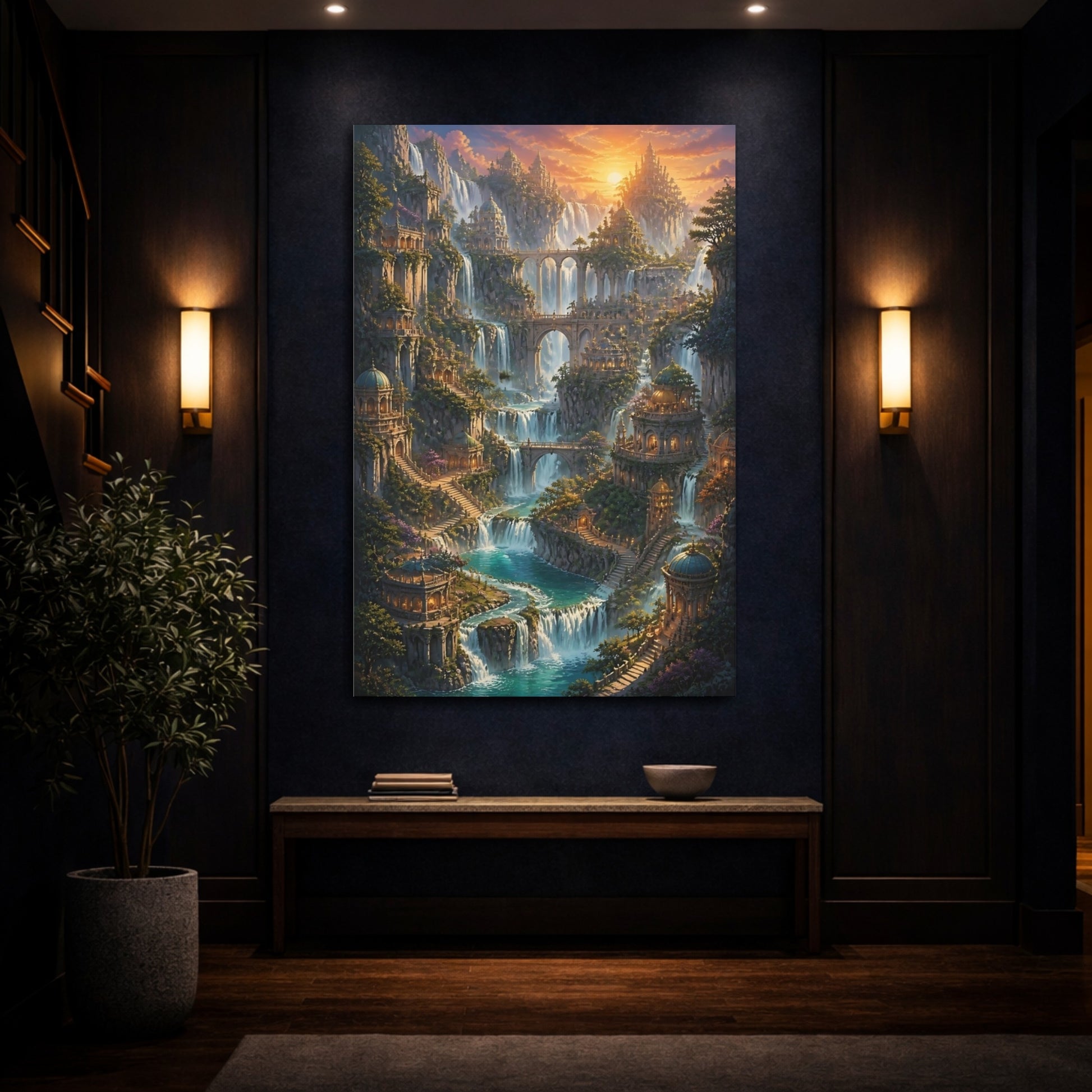 Mockup 4. Sunset Waterfall City shown as canvas print