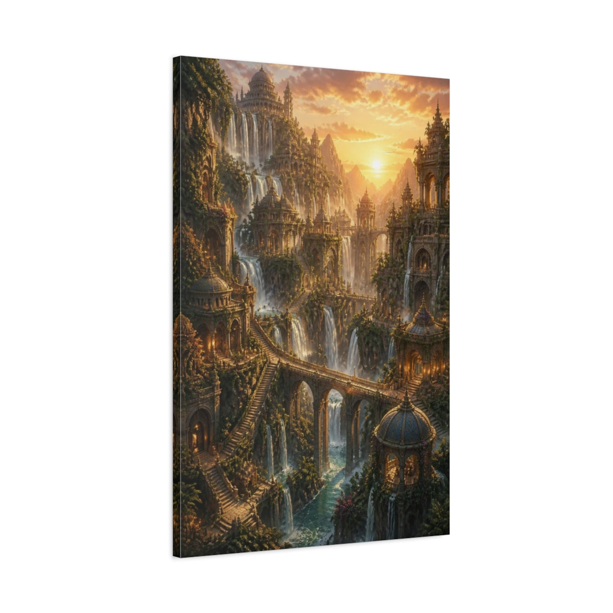 Main Mockup. Sunset Waterfall Empire shown as canvas print