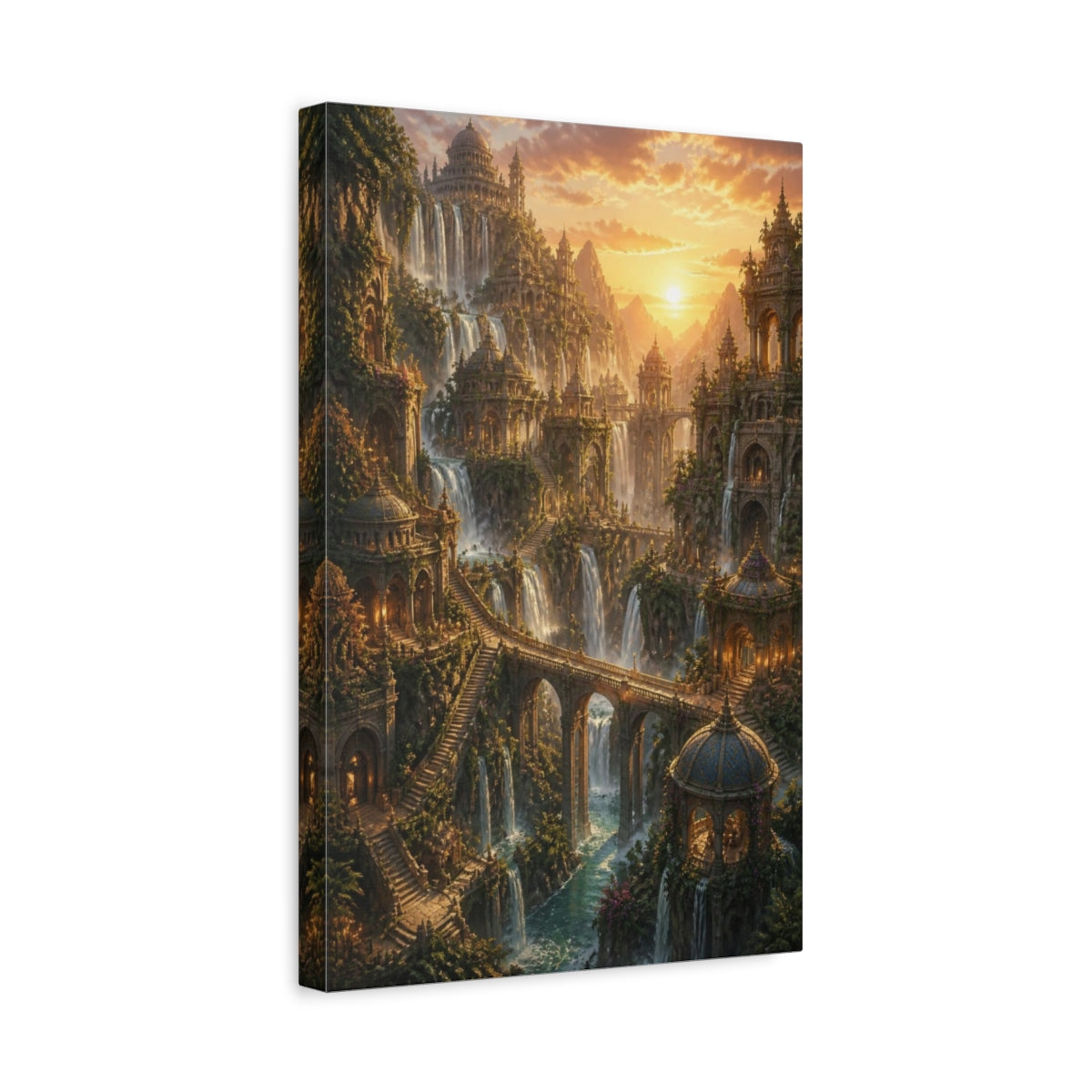Side Mockup 4. Sunset Waterfall Empire shown as canvas print