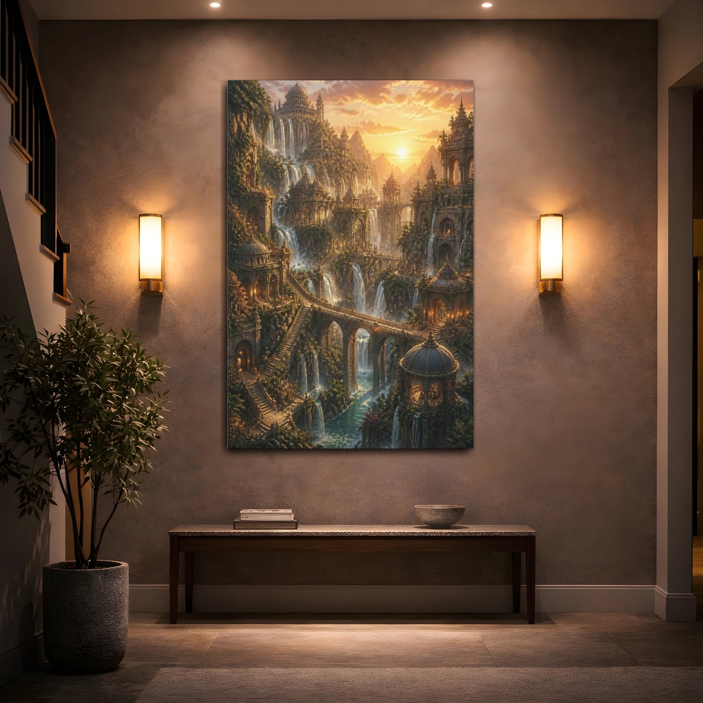 Mockup 2. Sunset Waterfall Empire shown as canvas print