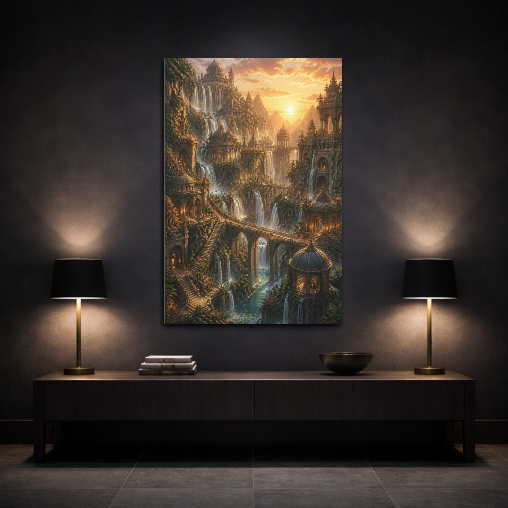 Mockup 3. Sunset Waterfall Empire shown as canvas print