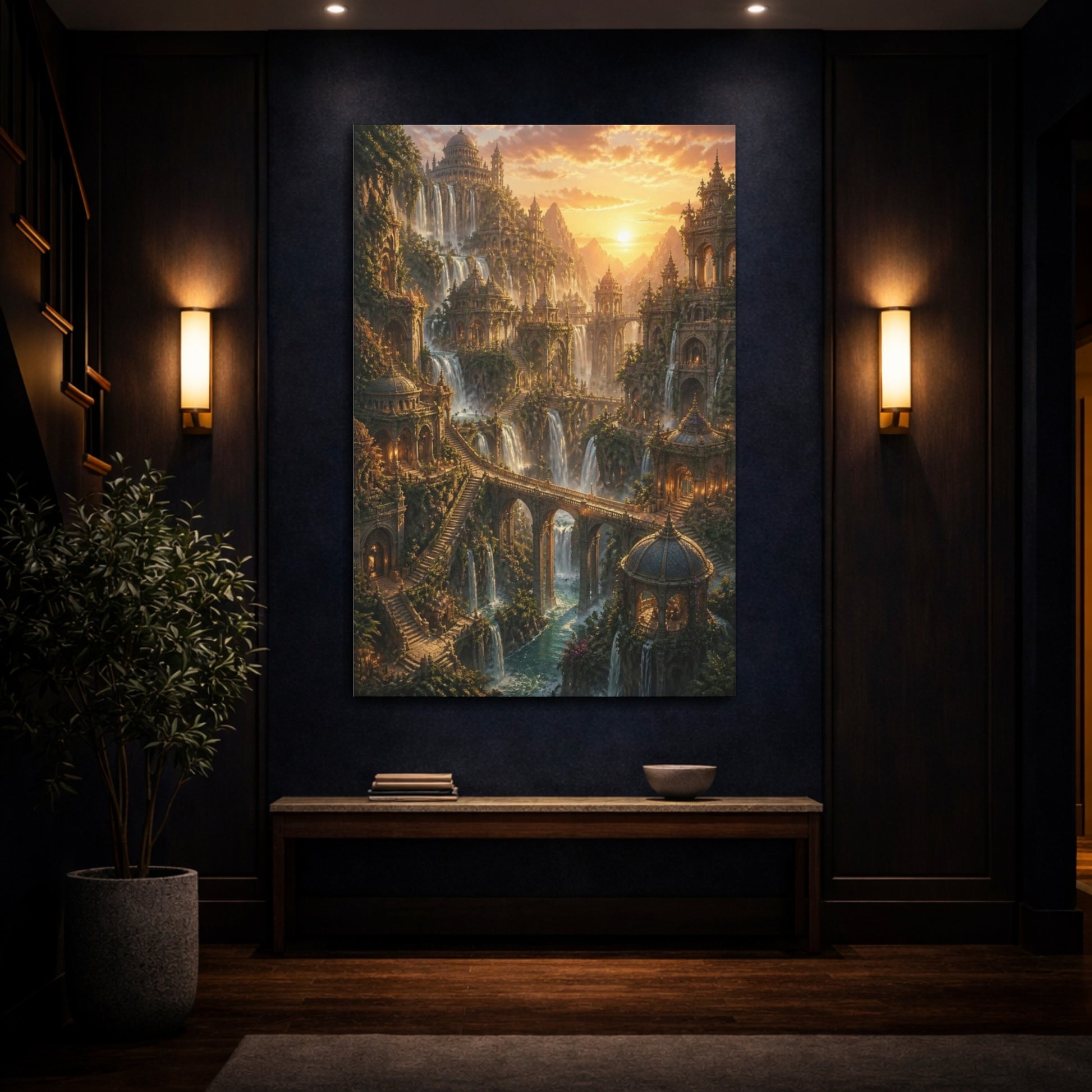 Mockup 4. Sunset Waterfall Empire shown as canvas print