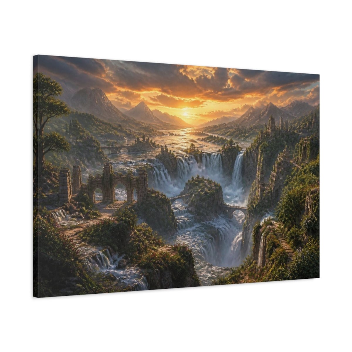 Main Mockup. Sunset Waterfall Landscape shown as canvas print