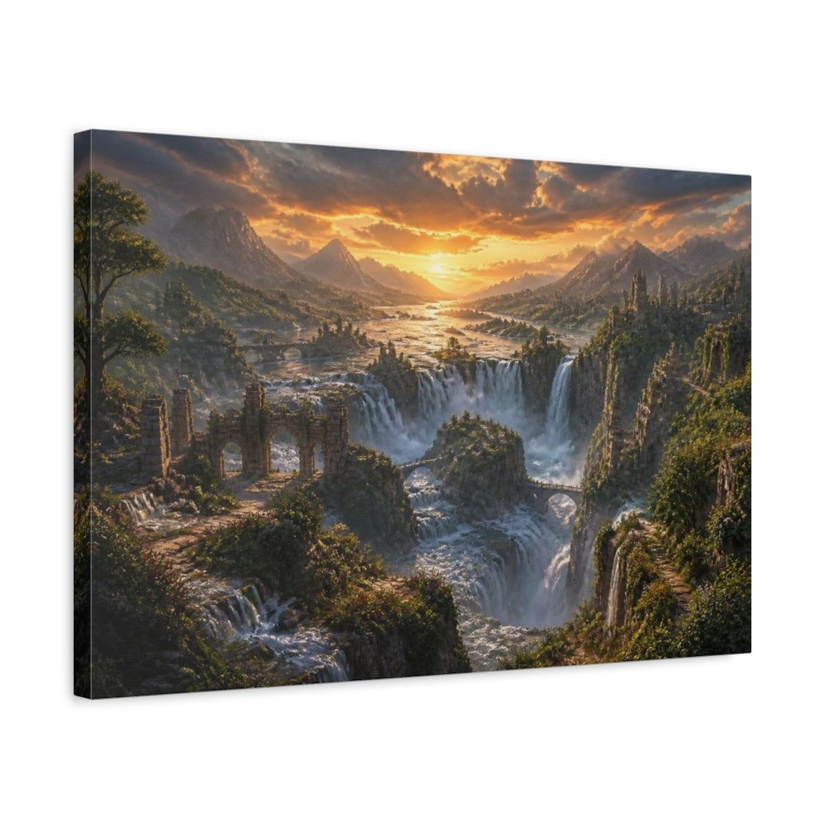 Side Mockup 3. Sunset Waterfall Landscape shown as canvas print