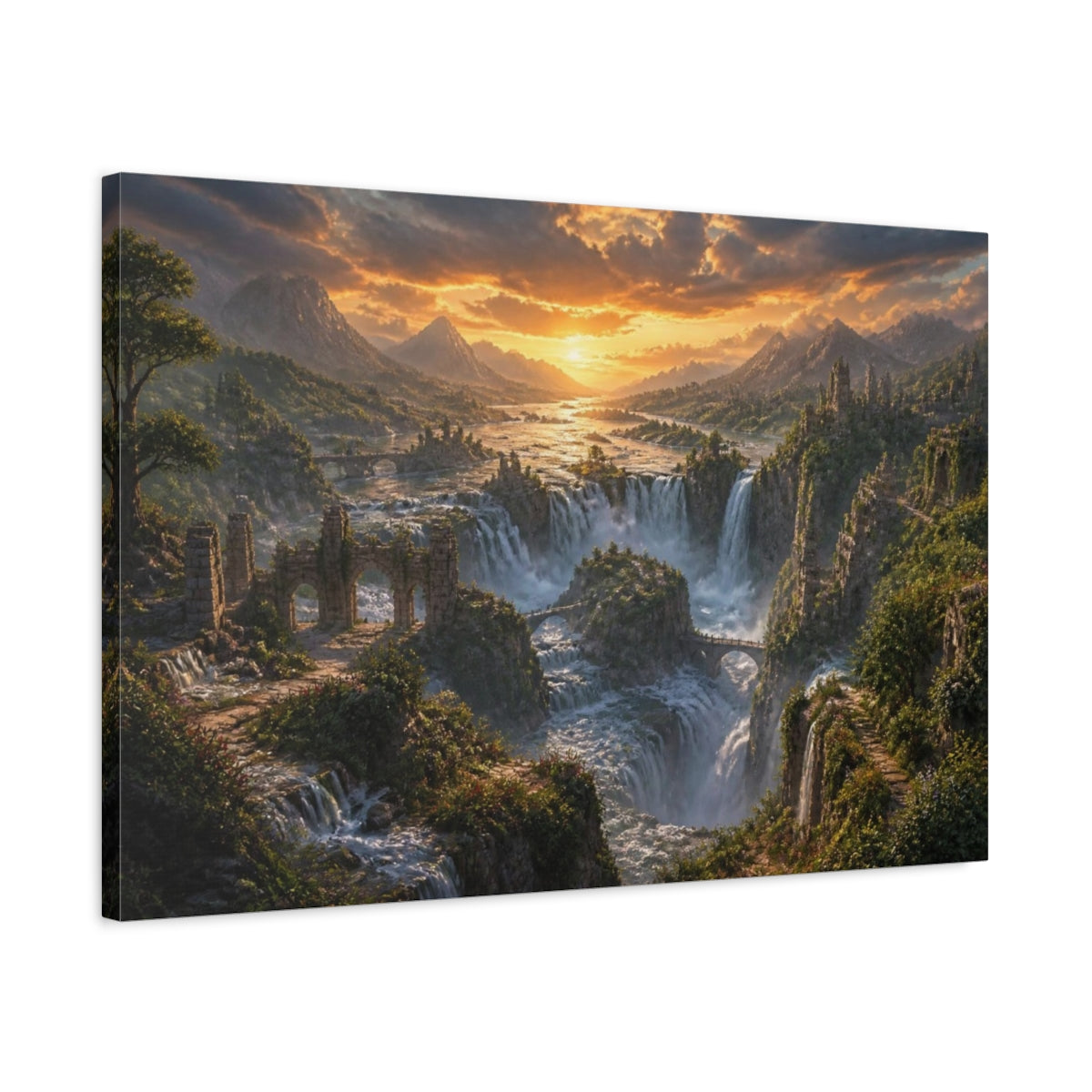 Side Mockup 2. Sunset Waterfall Landscape shown as canvas print