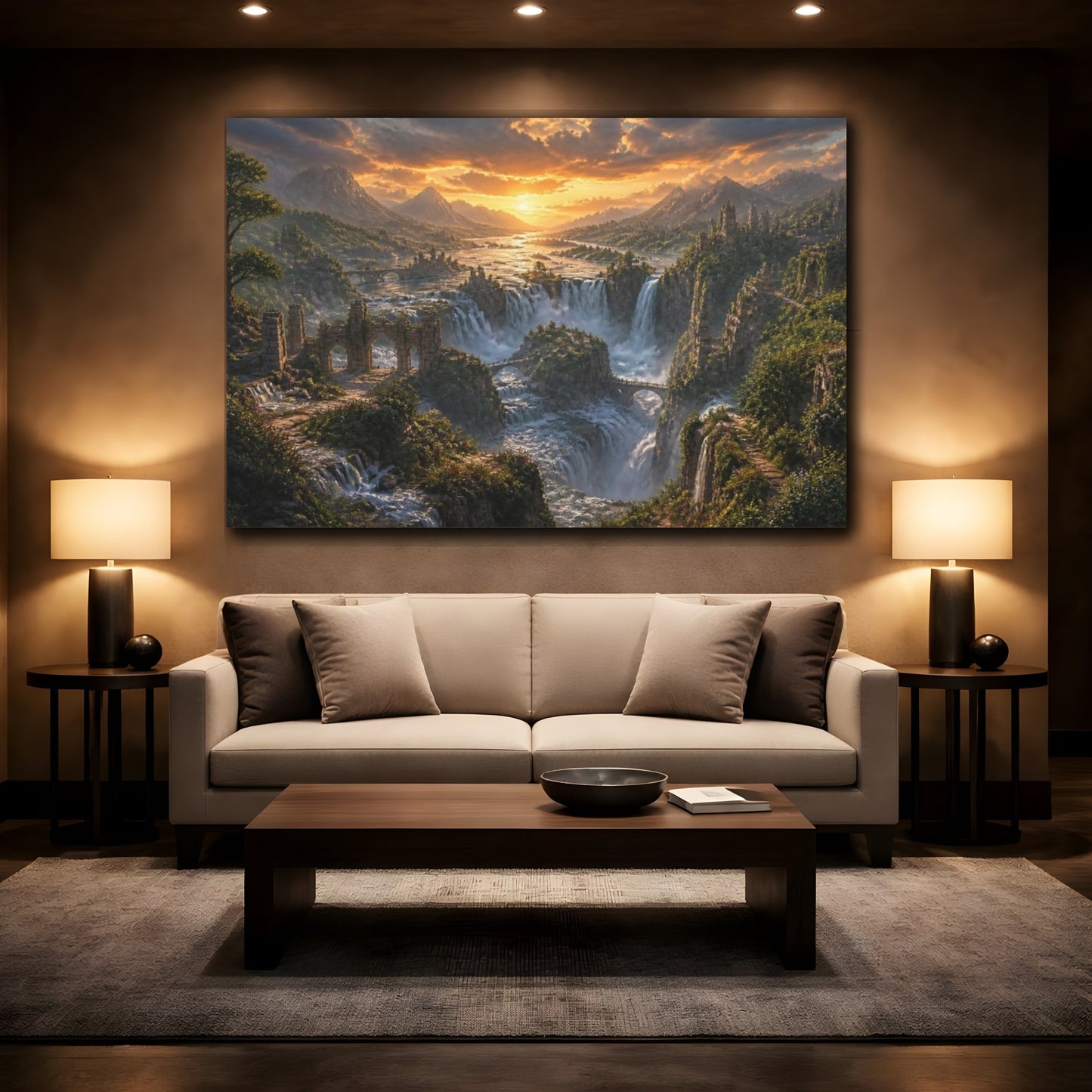 Mockup 2. Sunset Waterfall Landscape shown as canvas print