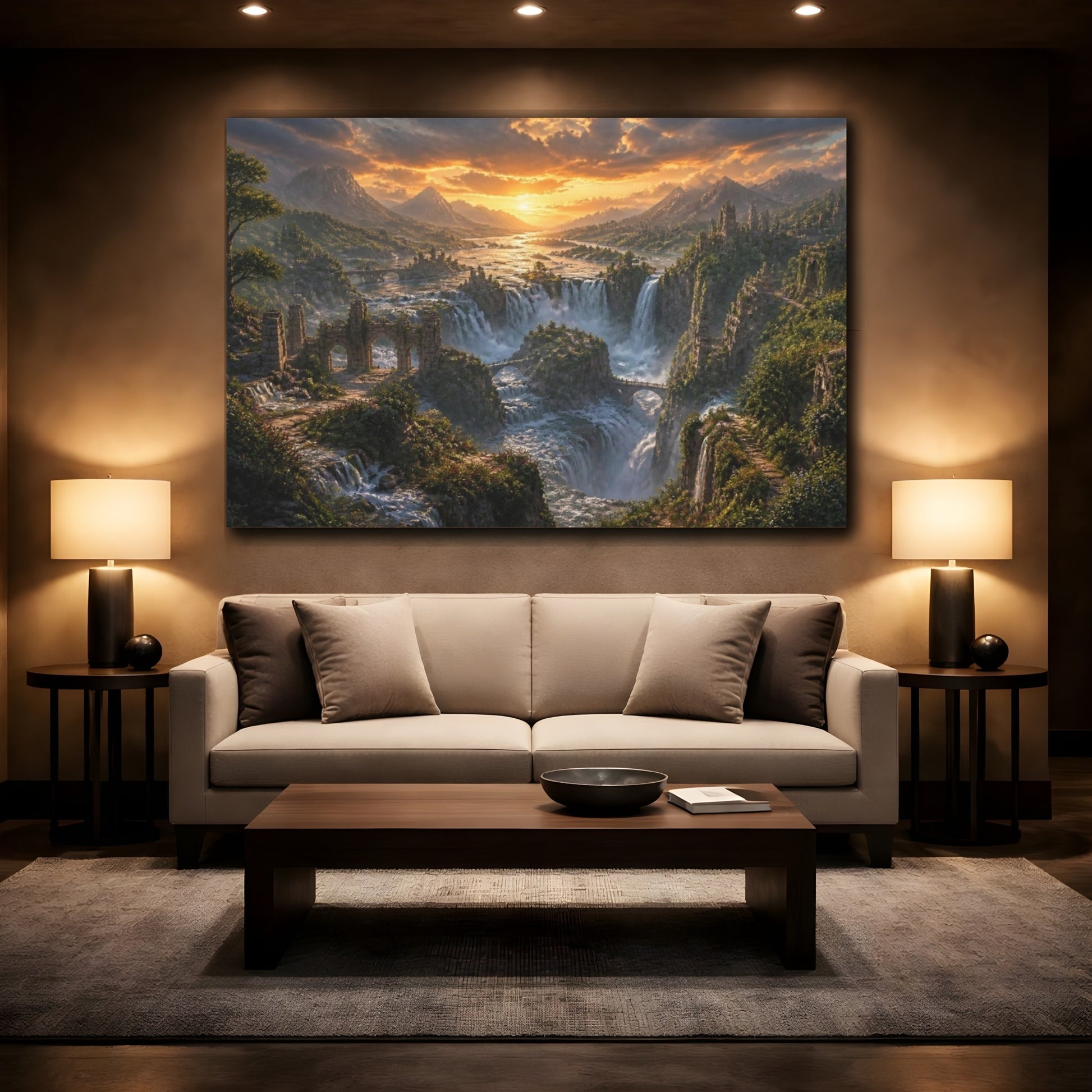 Mockup 2. Sunset Waterfall Landscape shown as canvas print