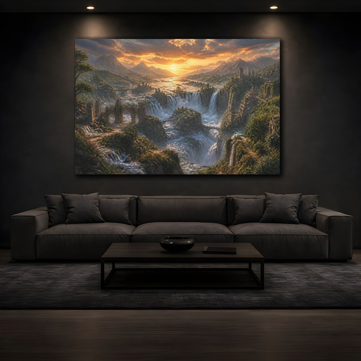 Mockup 3. Sunset Waterfall Landscape shown as canvas print