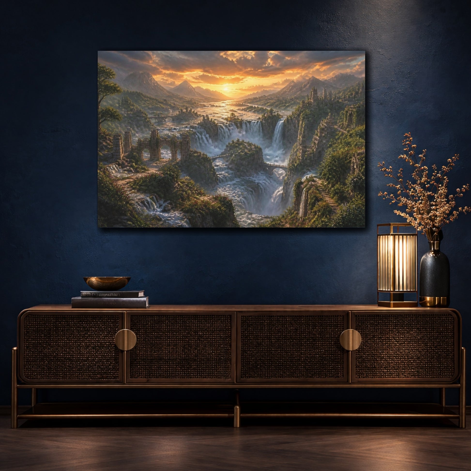 Mockup 4. Sunset Waterfall Landscape shown as canvas print
