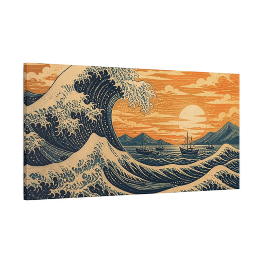 Main Mockup. Sunset Wave Over Fishing Boats shown as canvas print